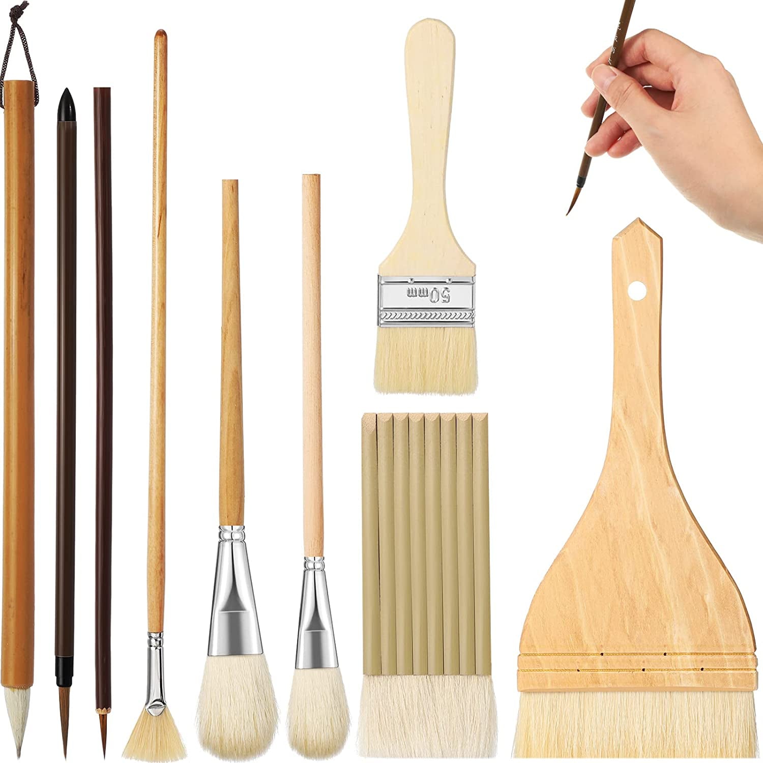 9 Pcs Pottery Glaze Brushes Ceramic Brushes Set Different Shapes Glaze Brushes for Pottery Acrylic Watercolor Wool Bristle Art Paintbrush Sets for Painting Artists Rock Students Adults Kids