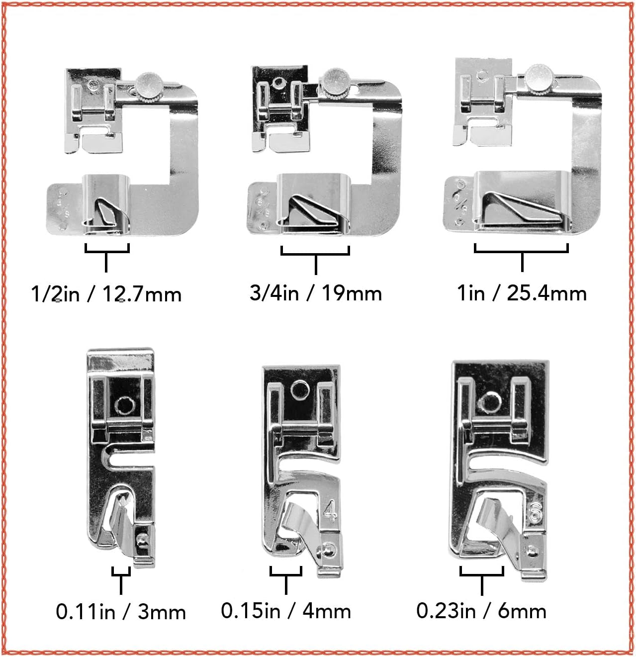 Rolled Hem Presser Foot [6 Sizes] Wide Rolled Hem Foot Set & Narrow Foot Hemmer Set for Brother, Singer & Janome Low Shank Sewing Machines. Hemming Pressure Feet with Distinctive Wide and Narrow Sizes