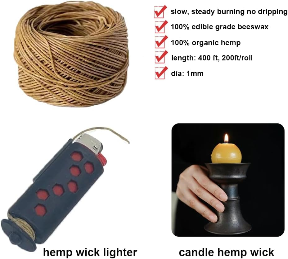 400 Ft Hemp Candle Wick 2 Spools 100% Organic Hemp Wick Candle Wick Hemp Candle Wick for DIY Candle Making, Craft Making, Smoke, Standard Size（1Mm）