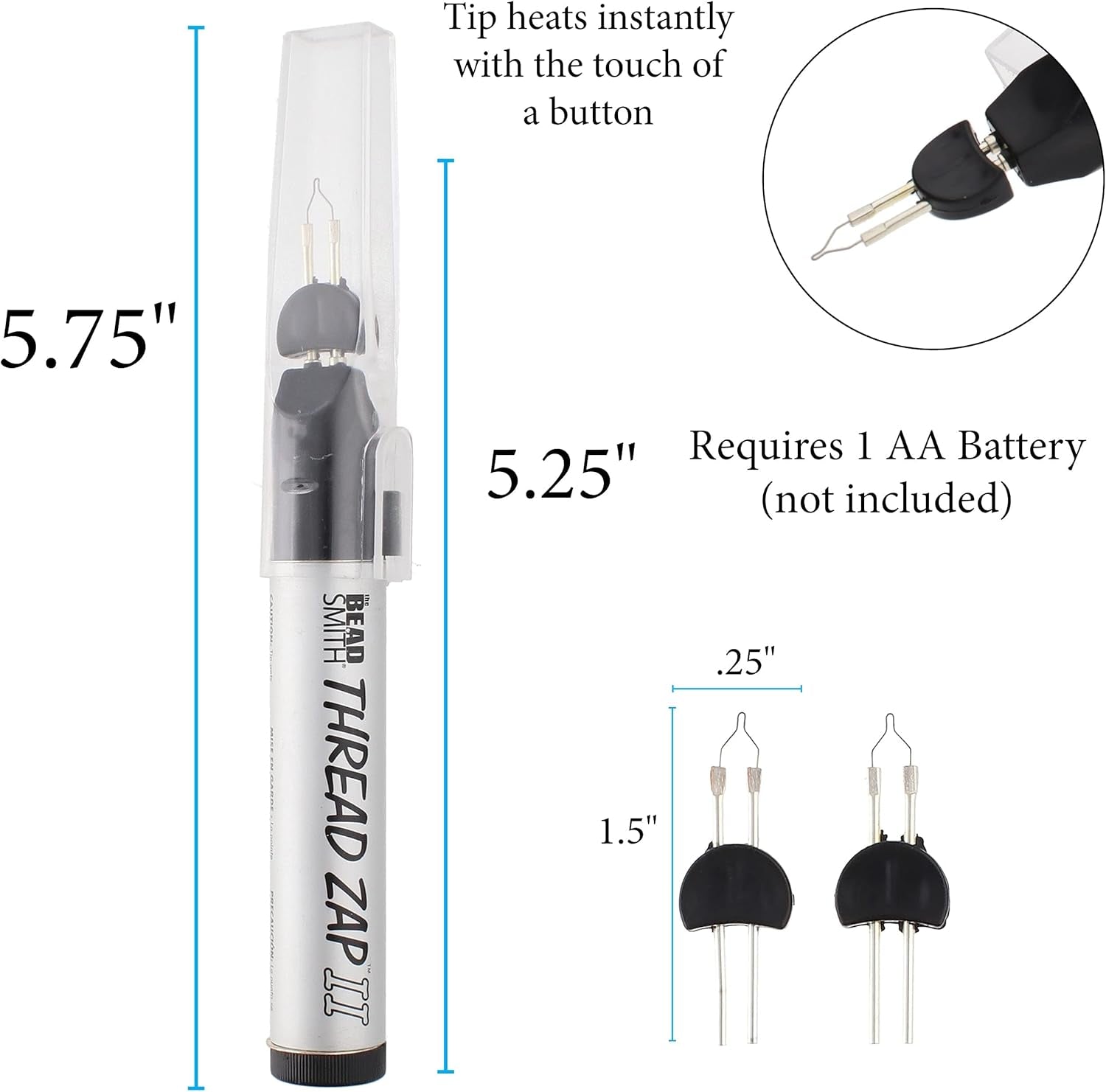 Thread Zap - 5.25” Thread Burner - plus 2 Pack Replacement Tips Included - Trim, Burn and Melt Thread with One Touch, Ideal for Finishing Bead Weaving and Stringing Projects