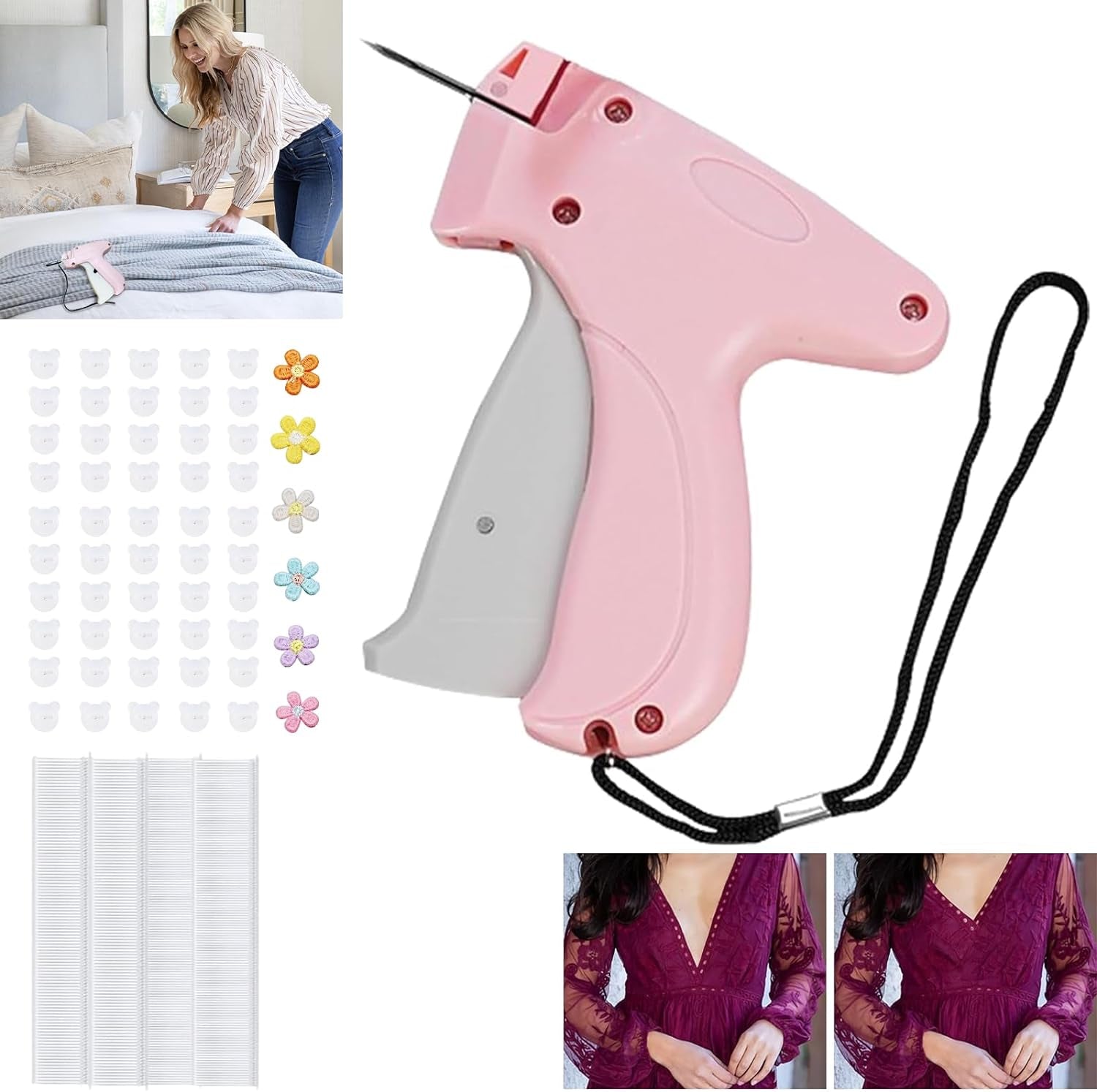 Quick Clothing Fixer, Quick Clothes Fixer, Quick Clothing Fixer Gun, Mini Quick Repair Garment Sewing Machine, Instant Buttons Garment Connector with Buckles Needles (1-Pink)