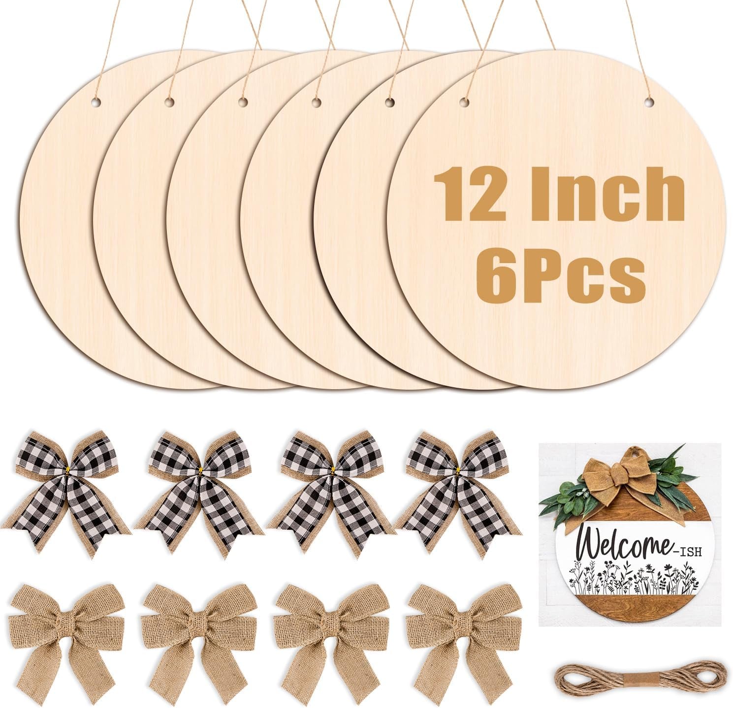 6 Pack Wood Circles for Crafts 14 Inch Unfinished Wood Slices Blank Wooden Door Hanger Sign round Wood Discs with Bows Twine Glue Point for DIY Crafts Painting Christmas Home Holiday Decor
