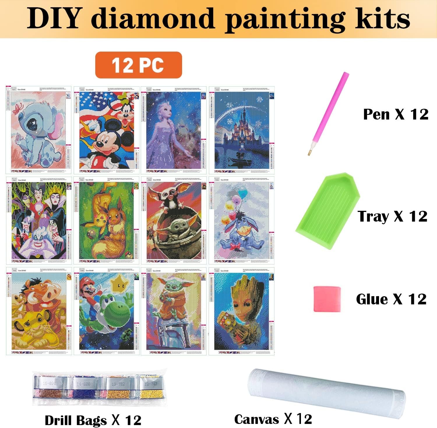 12 Pack Diamond Painting Kits for Adults 5D DIY Diamond Art Kit Paint with round Full Drill Diamonds for Beginners Gem Paintings Art for Home Wall Decor Gifts(12X16 Inch)