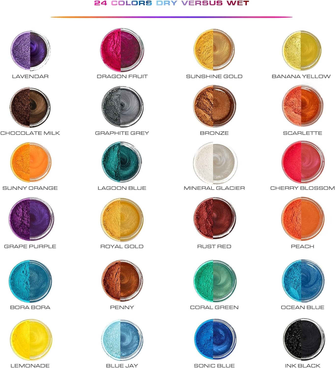 Pearlescent 100% Pure Fine Mica Powder - 24 Color Assortment 10 Grams Each Naturally Pigmented Multipurpose DIY Arts and Crafts, Dye, Soap Making, Cosmetics, Epoxy Resin, Paint, and More!