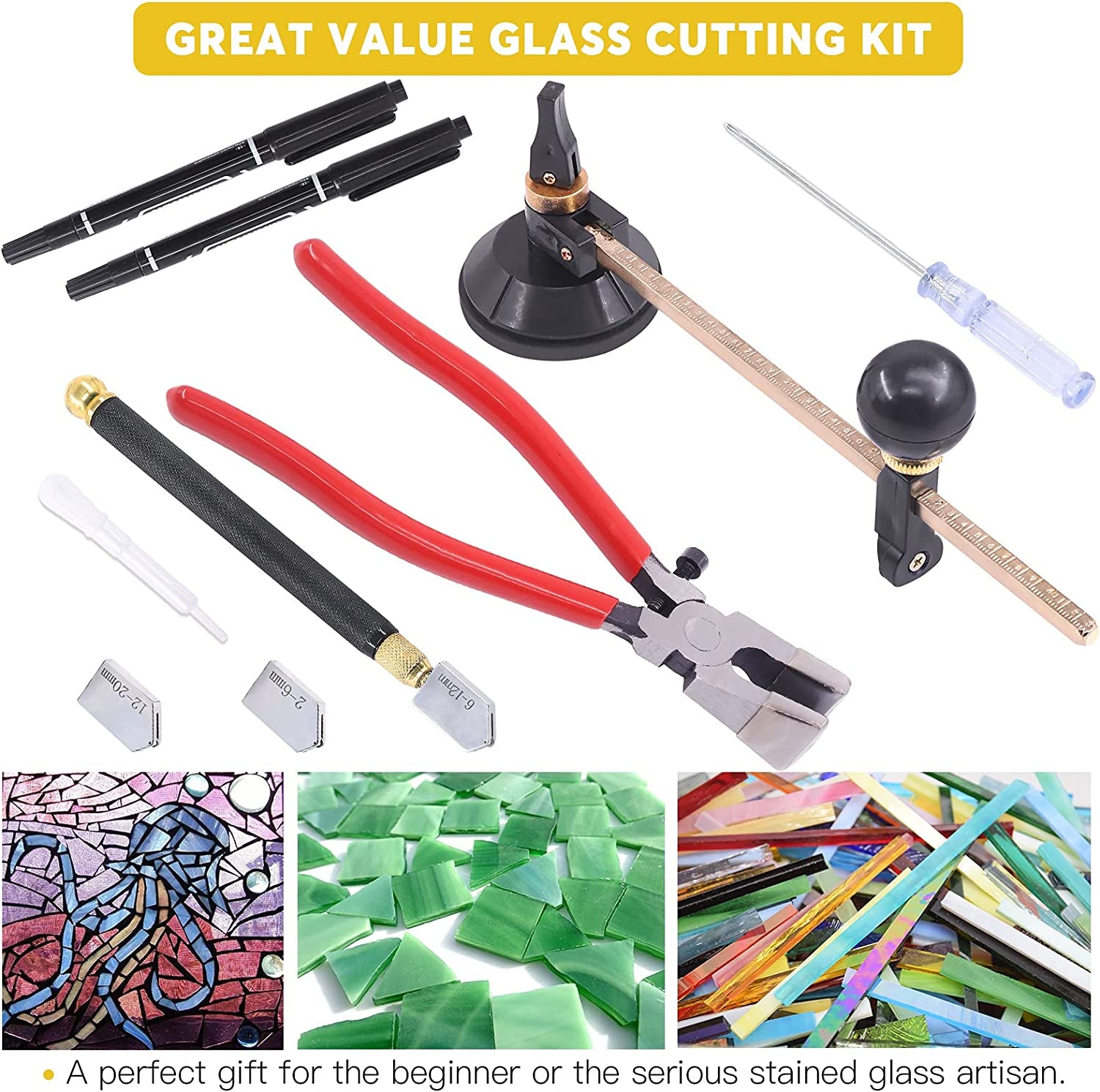 9 Pcs Glass Cutting Tool Set Kit Includes Adjustable Circular Glass Cutter, Glass Running Pliers with Rubber Tip, 2Mm-20Mm Oil Feed Carbide Tip with 3 Bonus Blades for Mirrors Tiles Mosaic