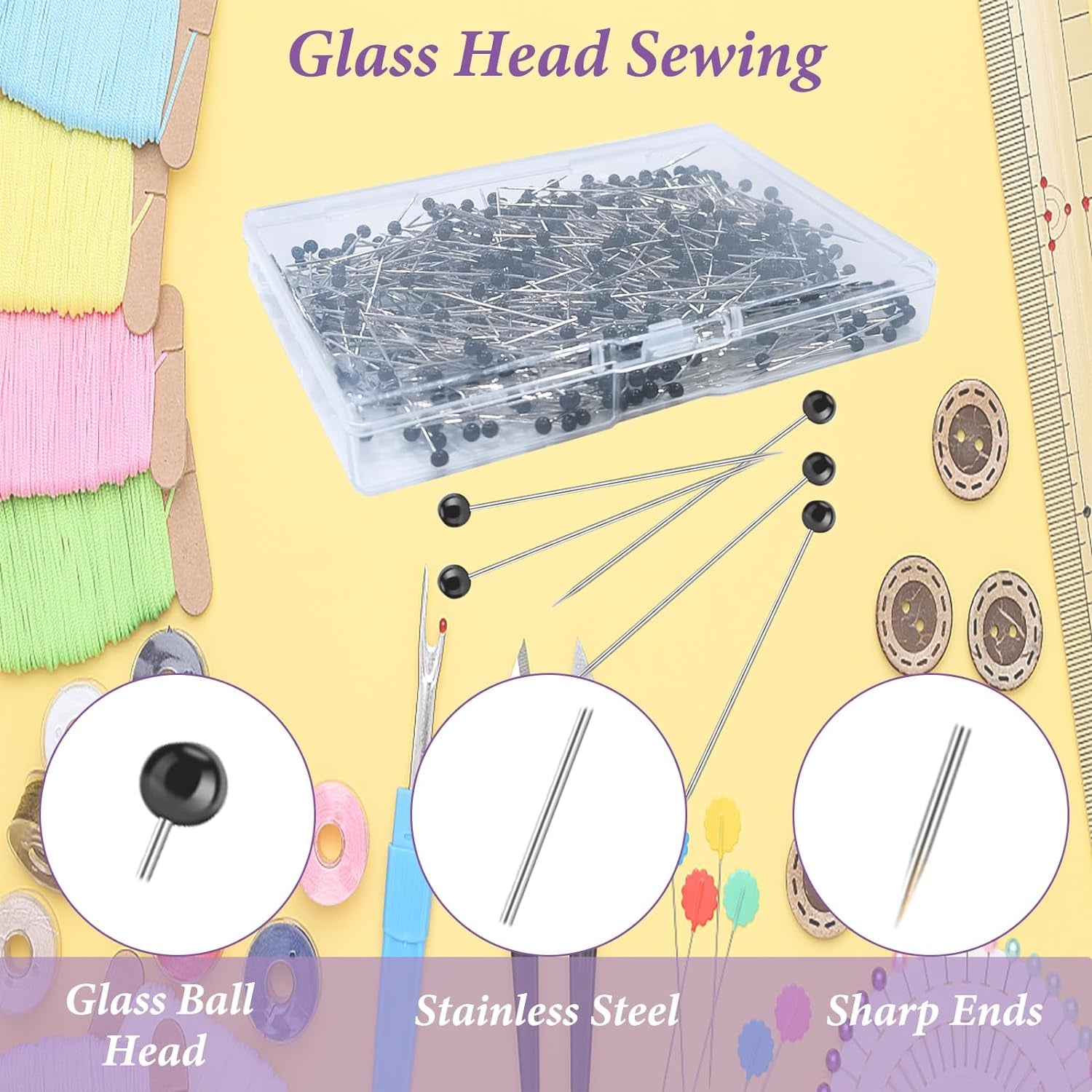 Sewing Pins, 500 Pcs Straight Pins Ball Glass Head Pins with 1.5 Inch,Quilting Sewing Pins for Fabric, Black Pins for Jewelry DIY, Craft and Sewing Supplies