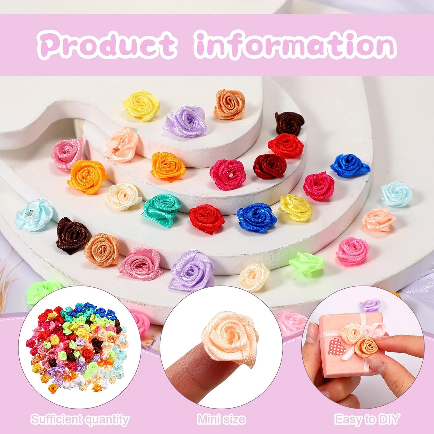 300 Pcs Mini Satin Ribbon Roses Small Flowers for Crafts Tiny Satin Roses Artificial Fabric Flowers Applique DIY Sewing Embellishments for Wedding Bride Gift Wrapping Decoration(Multicolor)