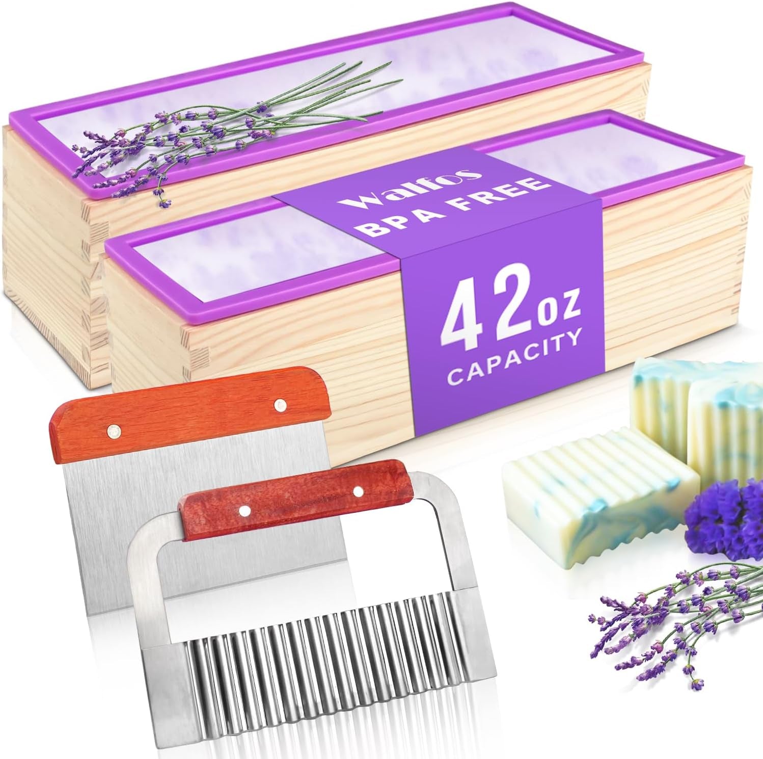 Silicone Soap Mold -  2Pcs Flexible Soap Molds for Soap Making Comes with Wood Box, Stainless Steel Wavy + Straight Scraper Cutters Rectangular Loaf Soap Mold