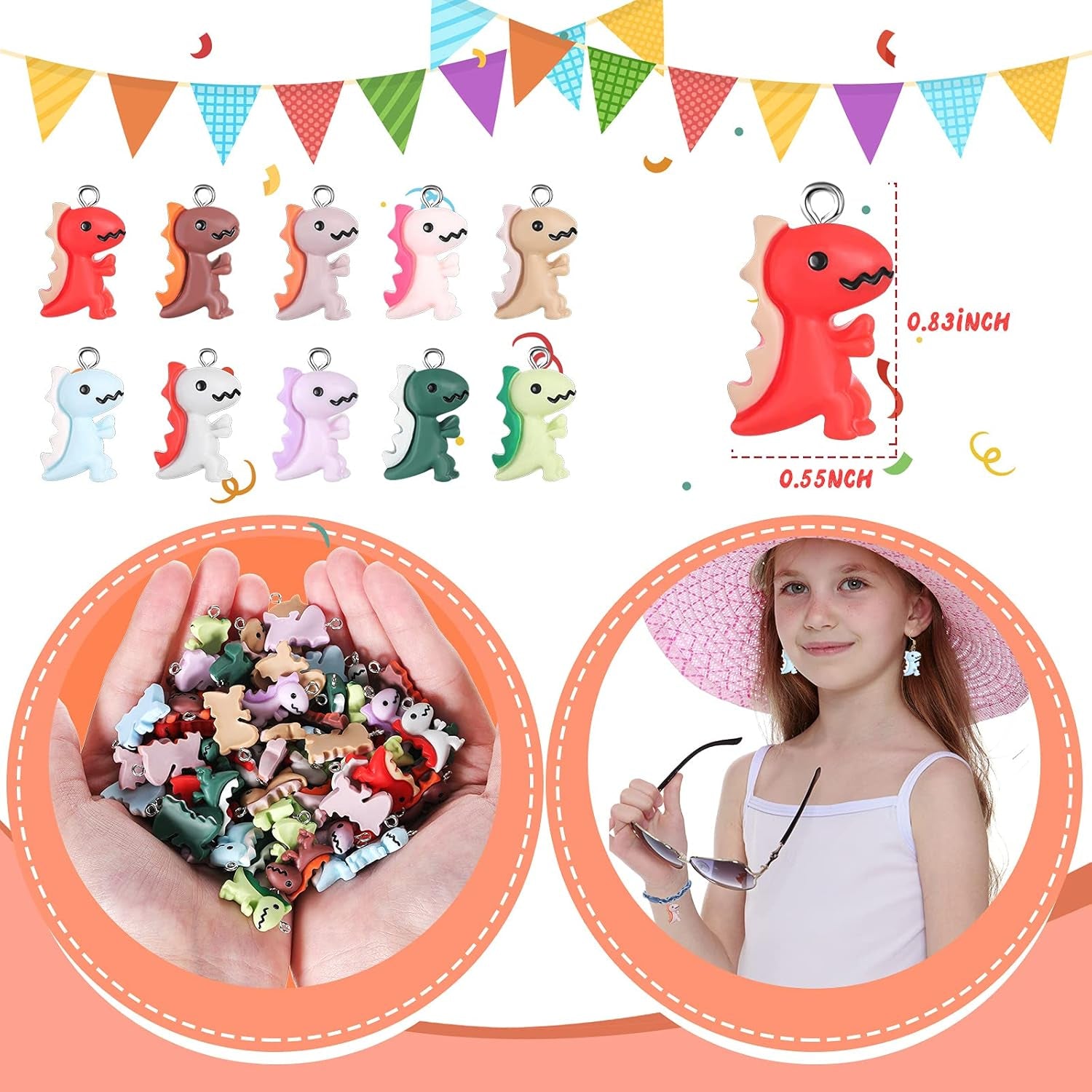 100 Pieces Dinosaur Charms for Jewelry Making, Cute Resin Dinosaur Pendants Charms for Girls Kids Earring Bracelet Necklace DIY Crafting, 10 Colors (Lovely Style)