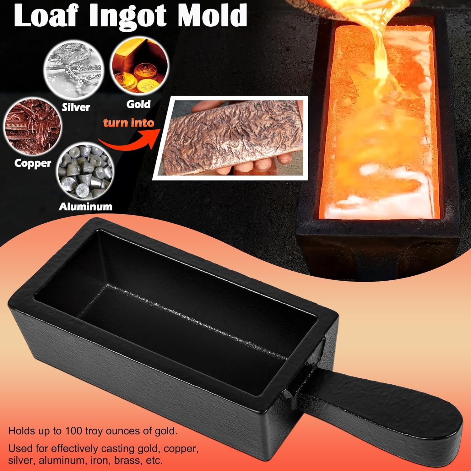 100 Oz Troy Ounce Gold Bar Loaf Cast Iron Ingot Mold Perfect for Custom Smelting Pouring Melting Casting Refining Gold Silver Copper Aluminum Brass Precious Metals