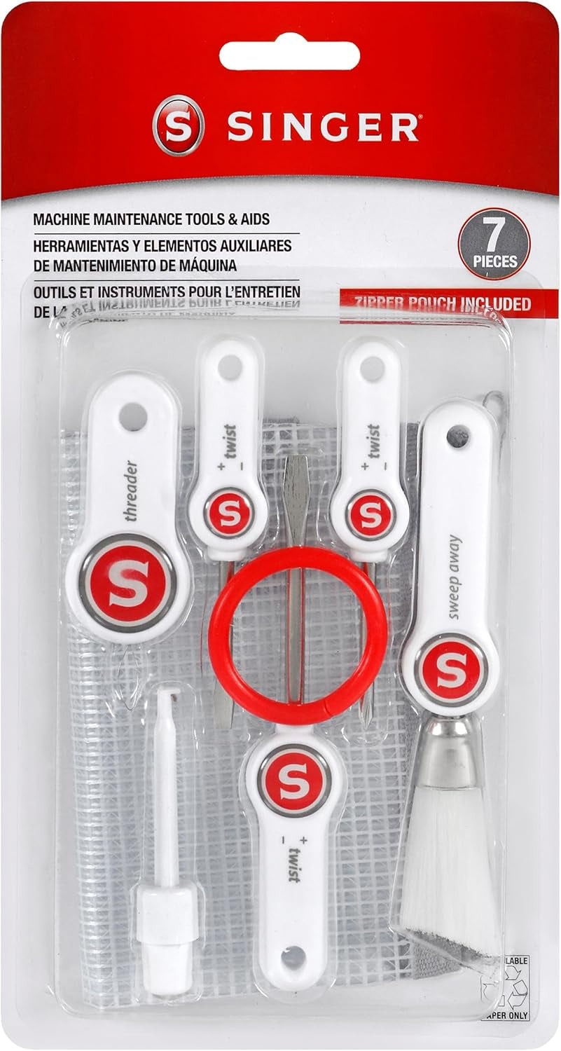 Sewing Machine Maintenance Kit - Tool Set with Needle Inserter, Angled Lint Brush, Set of 3 Screwdrivers, Needle Threader - Universal Compatibility & Storage Pouch Included, 7Pc