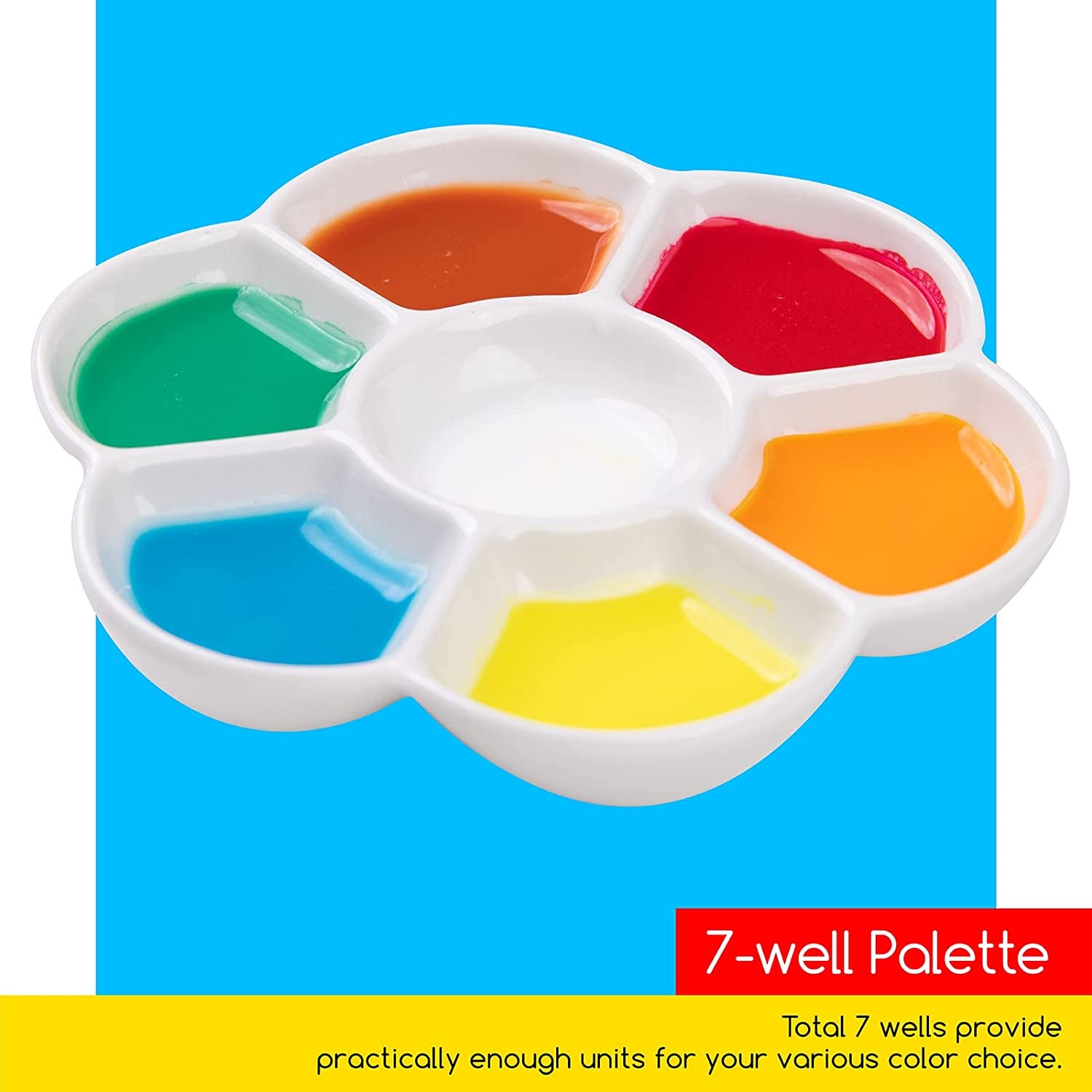 7-Well Studio Porcelain Paint Palette Tray,Artist Mixing Colour Tray by 4-3/4 Inches for Watercolor Gouache Painting,Round,White