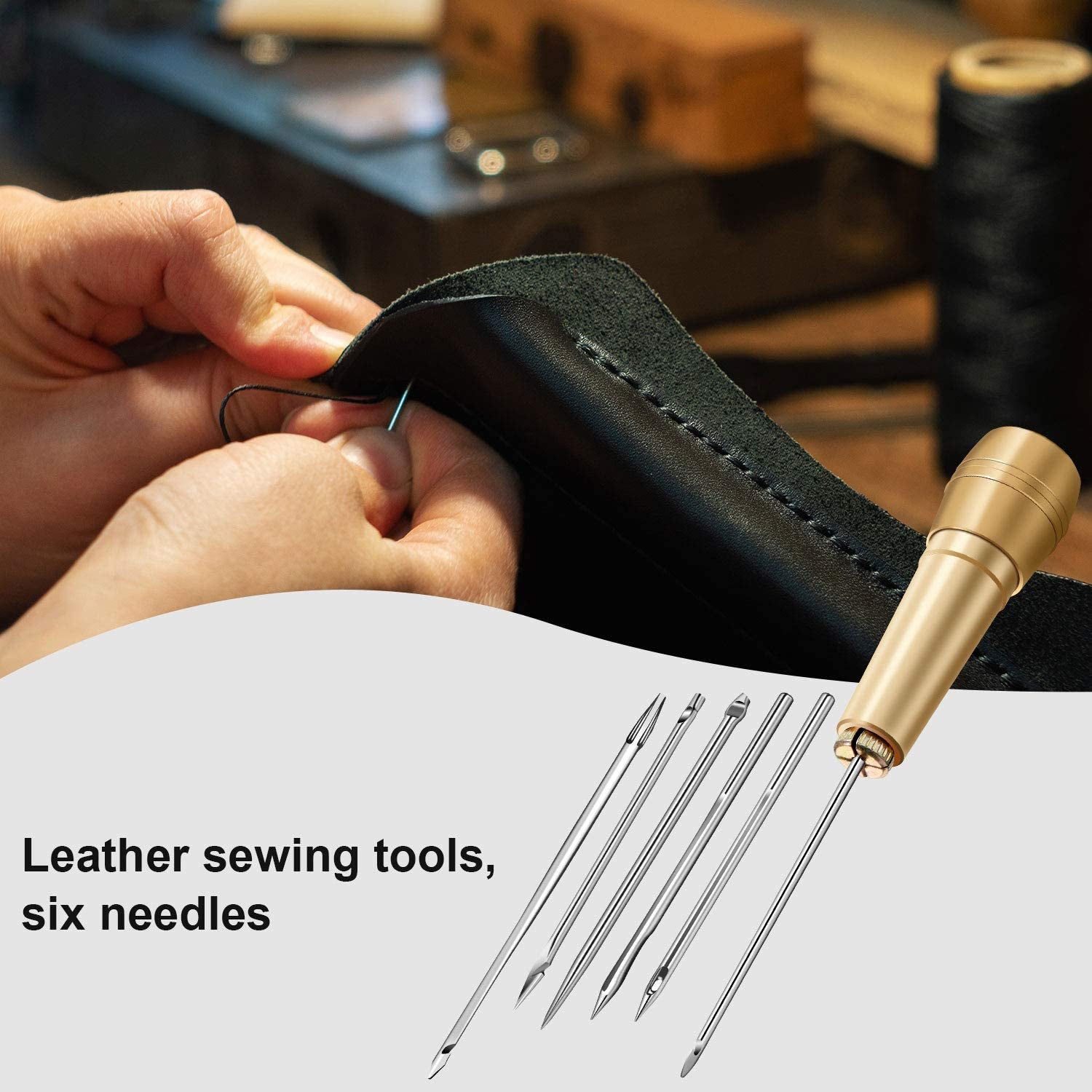 6 Pieces Canvas Leather Sewing Awl Needle with Copper Handle, 50 M Nylon Cord Thread and 2 Pieces Thimble for Handmade Leather Sewing Tools Shoe and Leather Repair