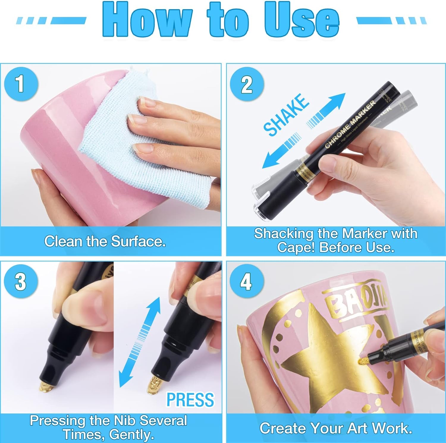 5 Liquid Gold Paint Pens for Art, Mirror Chrome Marker, Reflective Gloss Permanent Marker, Touch up Repair Paint Pen for Model, Wood, Rock, Glass, and Christmas Ornaments Craft (2-3Mm / 1Mm / 1-3Mm)