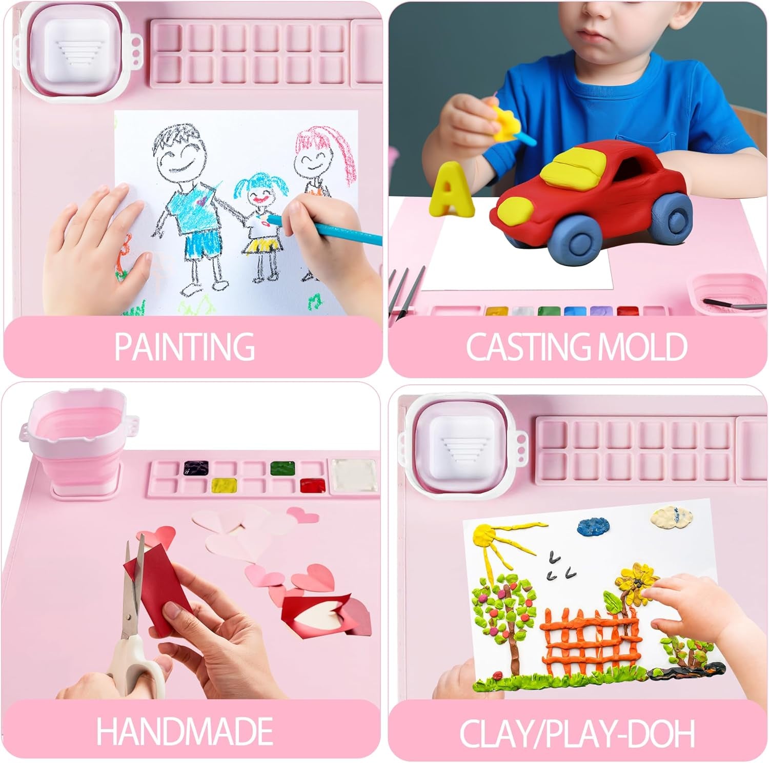 Silicone Painting Mat, 20"X16"Silicone Art Mat for Kidswith 1 Water Cup ，Craft Paint Brush Cleaner Tool，Diy, Clay, Play Doh（Pink）…