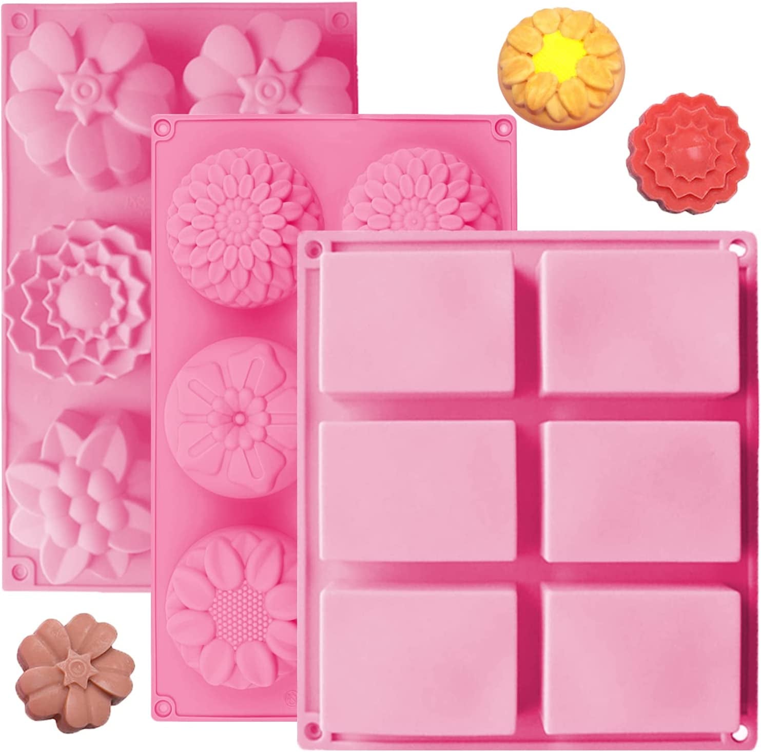 3 Pack Silicone Soap Molds, 6 Cavities Flower Making Mold, Included Rectangle Shape Supplies, Perfect for Handmade Soaps, Homemade Chocolate