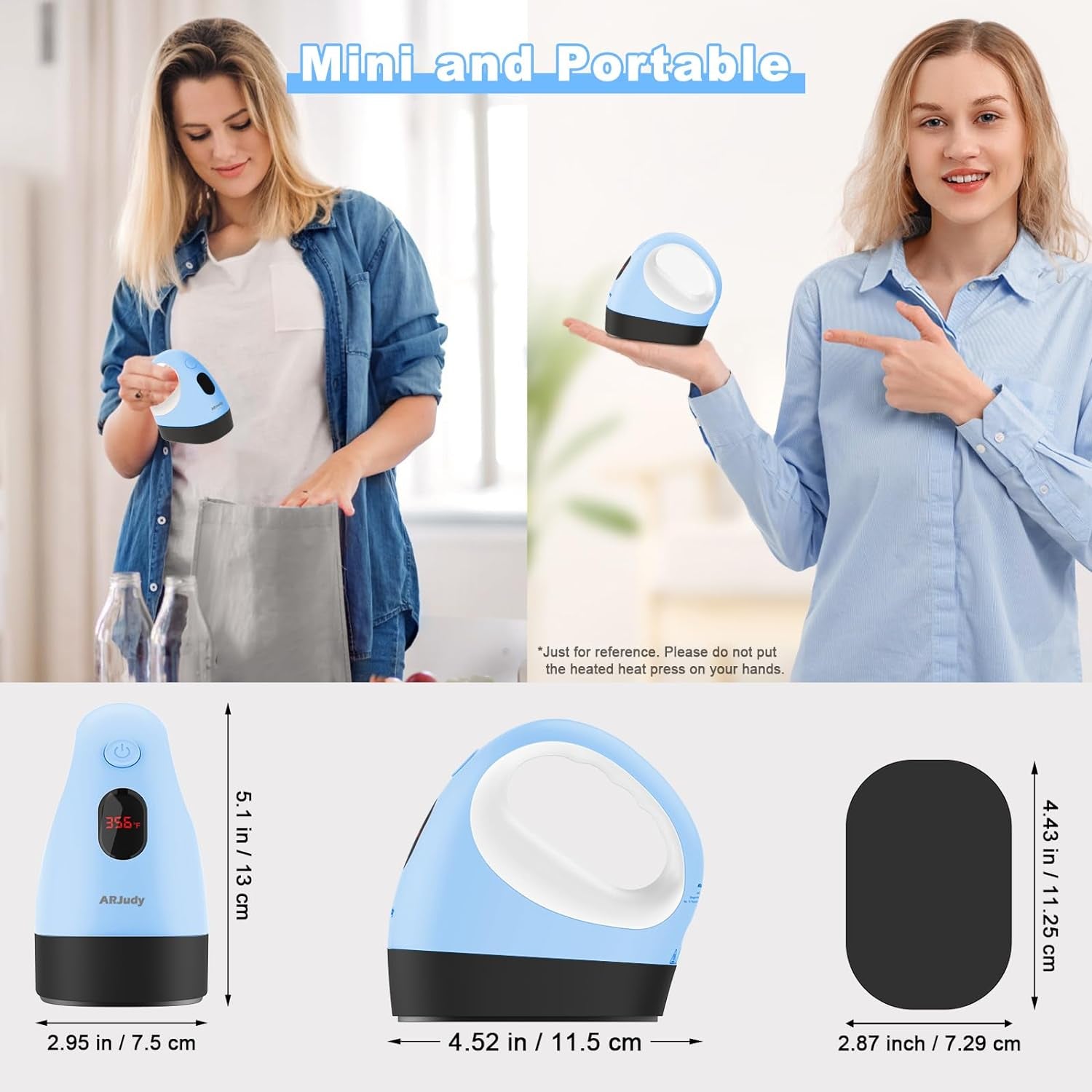 Mini Heat Press Machine, Mini Heat Transfer Iron Press, 3 Heat Settings & Visible Temp, Portable Heat Press Easy for Crafts, T-Shirt, Hats, Shoes, Bags, Cap and Small Vinyl Projects (Blue)