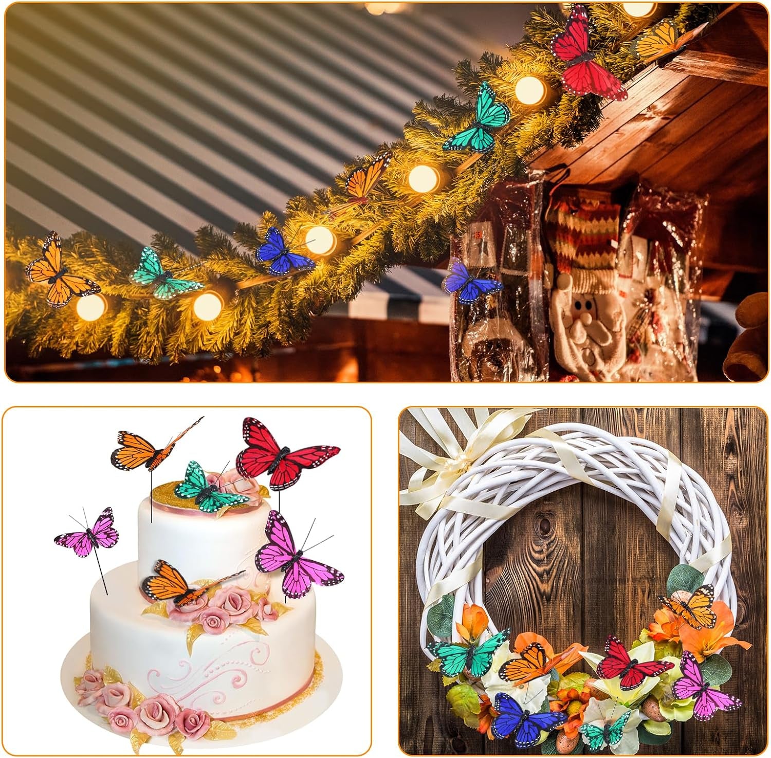 72 Pcs Monarch Butterfly Decorations Butterflies for Crafts 4 Size Artificial Feather Butterfly Decor on Picks Butterflies for Halloween Crafts Fake Butterflies with Wire Wall Decor (Cute Color)