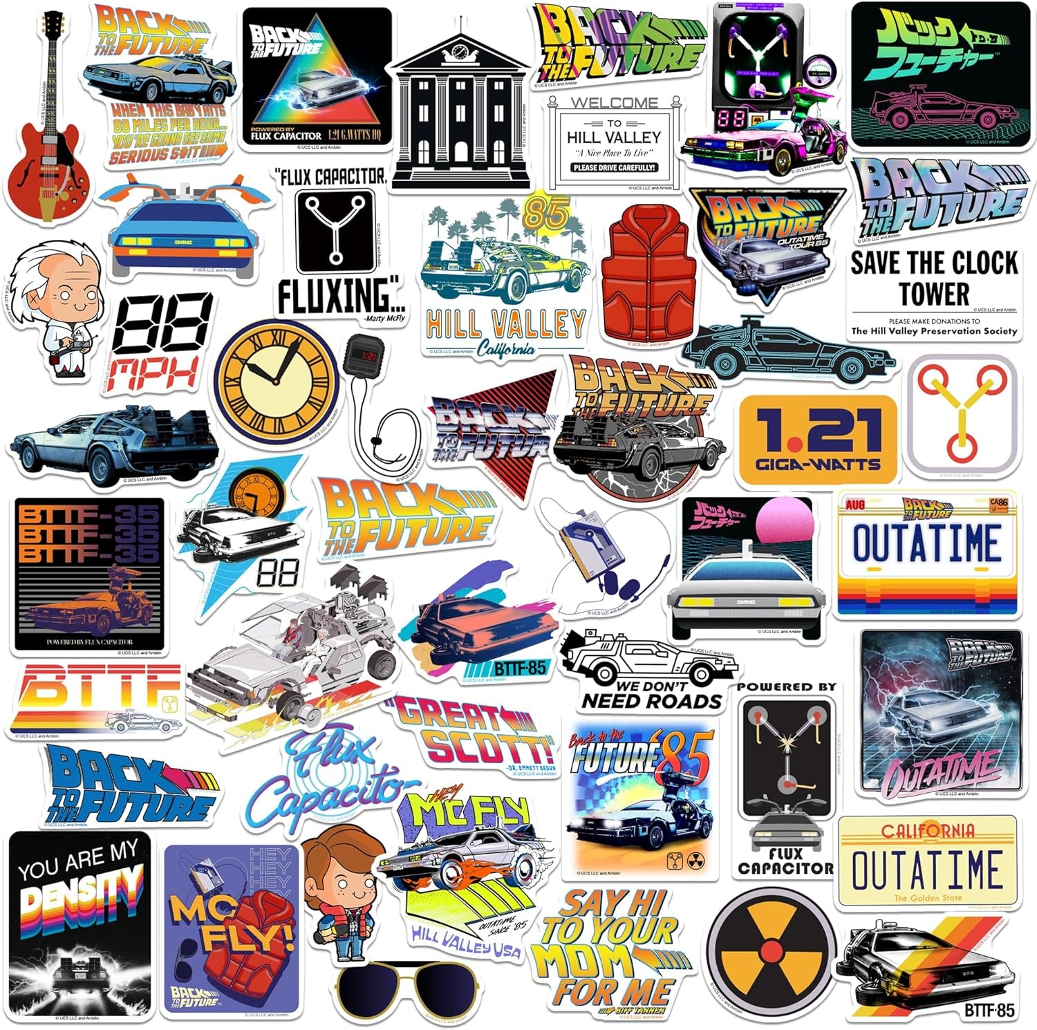 Back to the Future 50Ct Vinyl Large Deluxe Stickers Variety Pack - Laptop, Water Bottle, Scrapbooking, Tablet, Skateboard, Indoor/Outdoor - Set of 50