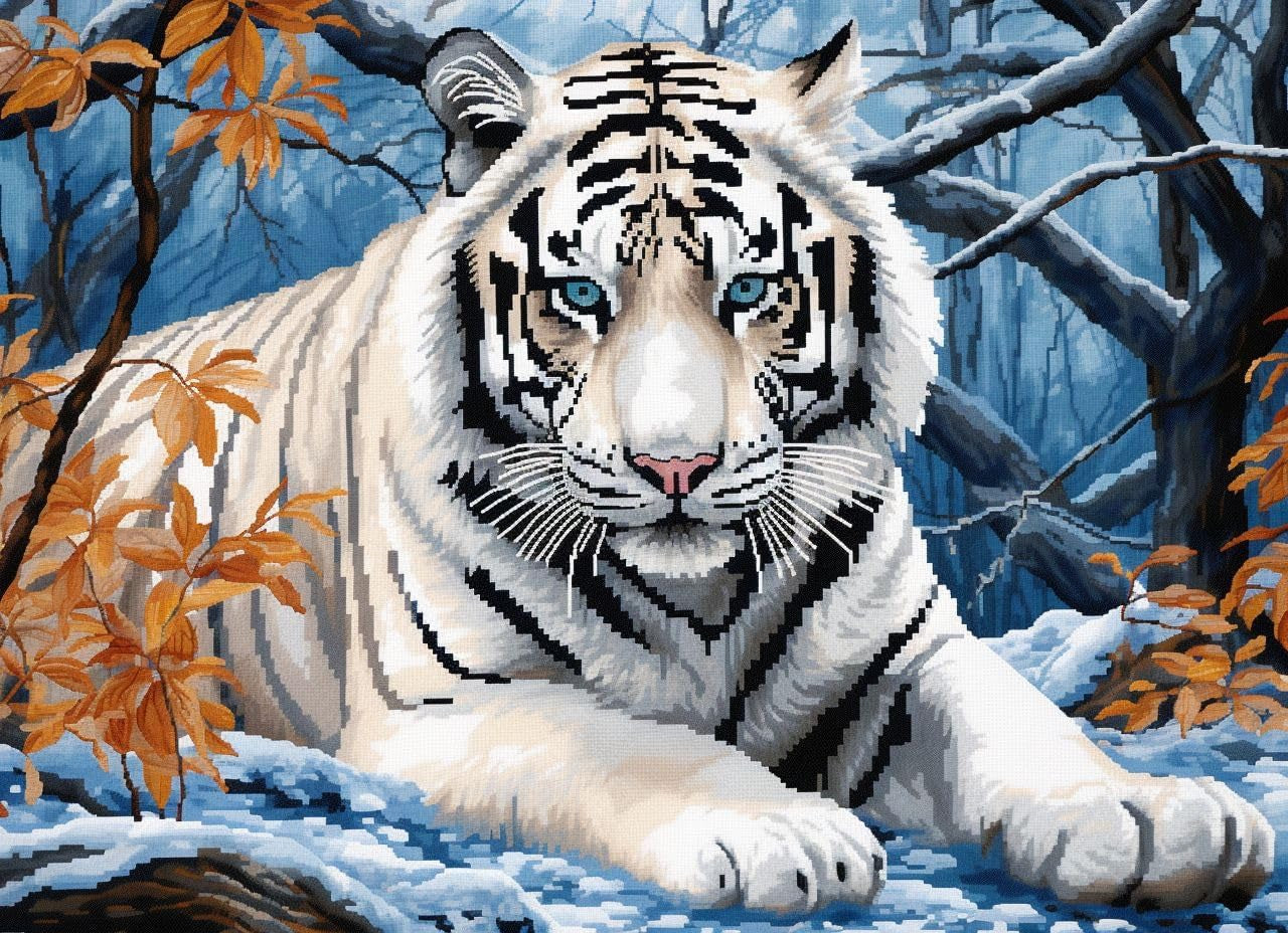 Animal White Tiger Latch Hook Rug Kit for Adults Easy Carpet Cushion with Printed Canvas Crochet Yarn Craft DIY Hooking Tapestry for Home Floor Decoration Pets Pads 52X38Cm
