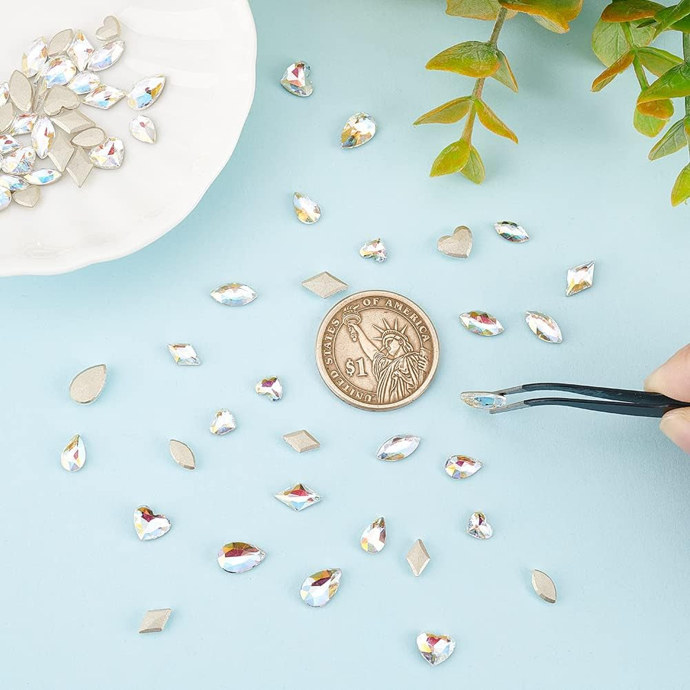 64 Pcs 8 Styles K9 Glass Rhinestones Gems Crystal Flatback Rhinestones AB Color Rhombus/Horse Eye/Teardrop/Heart Crystal Jewels Embelishments with Silver Plated Back for Craft Making