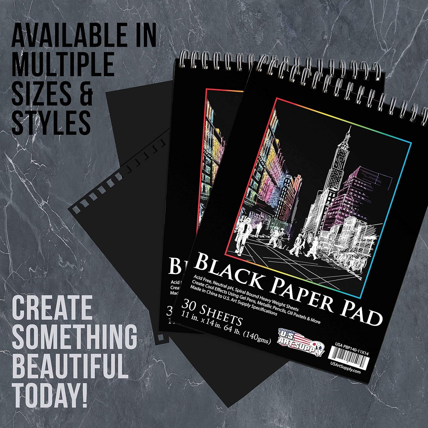11" X 14" Premium Black Heavyweight Paper Sketch Pad, Pack of 2, 30 Sheets Each, 64Lb (140Gsm) - Spiral Bound Artist Drawing Paper - Colored Pencils, Gel Pens, Oil Pastels