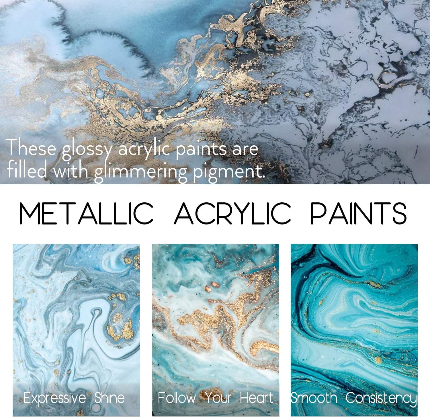 Metallic Acrylic Paint Set of Premium 24 Colors with 12 Brushes，Professional Grade Metallic Paints with Bottles (2Fl Oz 60Ml), Rich Pigments of Non Fading and Toxic Paints for Artist Hobby Painters