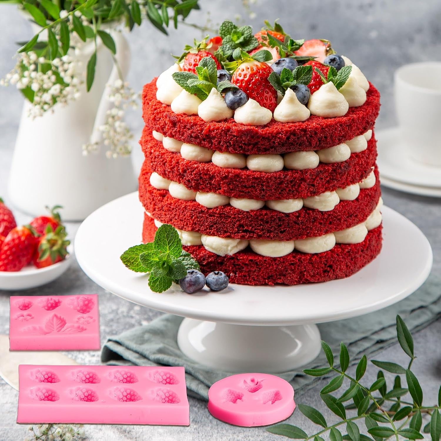 3 Pcs 3D Strawberry and Flowers Silicone Mold Strawberry Baking Mold Fruit Fondant Mold Handmade Candy Jelly Bakeware for Baking Chocolate Pan Cake Kid Cupcake Soap Candle Clay Resin Wax Making