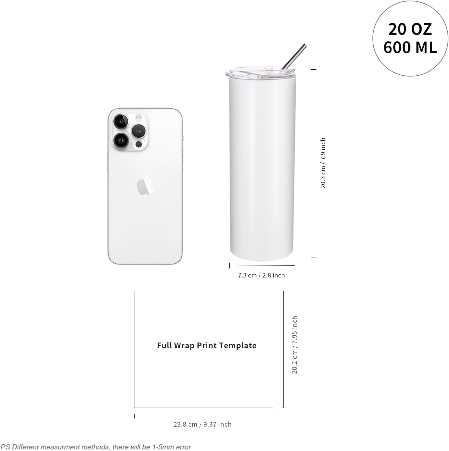 Skinny 20 OZ Straight Stainless Steel White Tumbler with Metal Straw for Heat Press Machine Printing 4 Pack