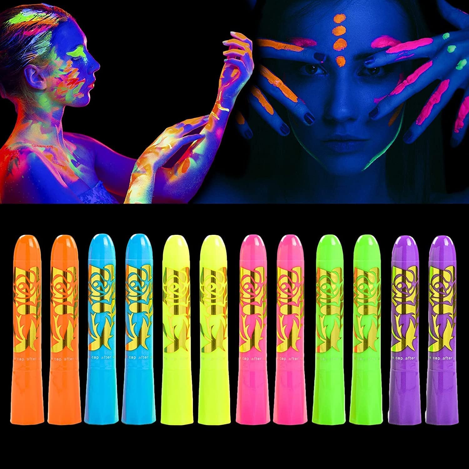 Blacklight Reactive Crayons | Glow in the Dark Paint for Face and Body | Intense Luminous Sticks for Fluorescent Parties | Colorful UV Makeup Neon Gift | Glow Markers Accessories - 12 Pcs