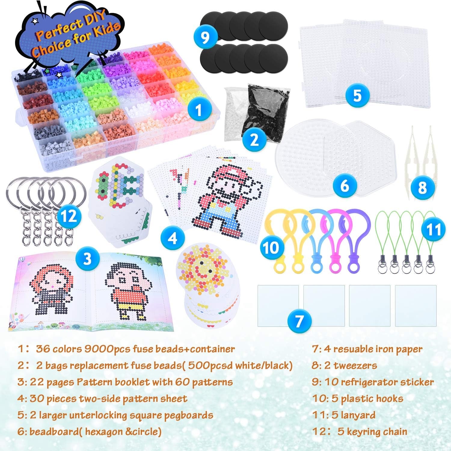 10000, 36 Colors Fuse Beads Kit 5Mm DIY Art Craft Toys for Kids with 4 Pegboards, 60 30 Pattern Paper| B, 10000Pcs
