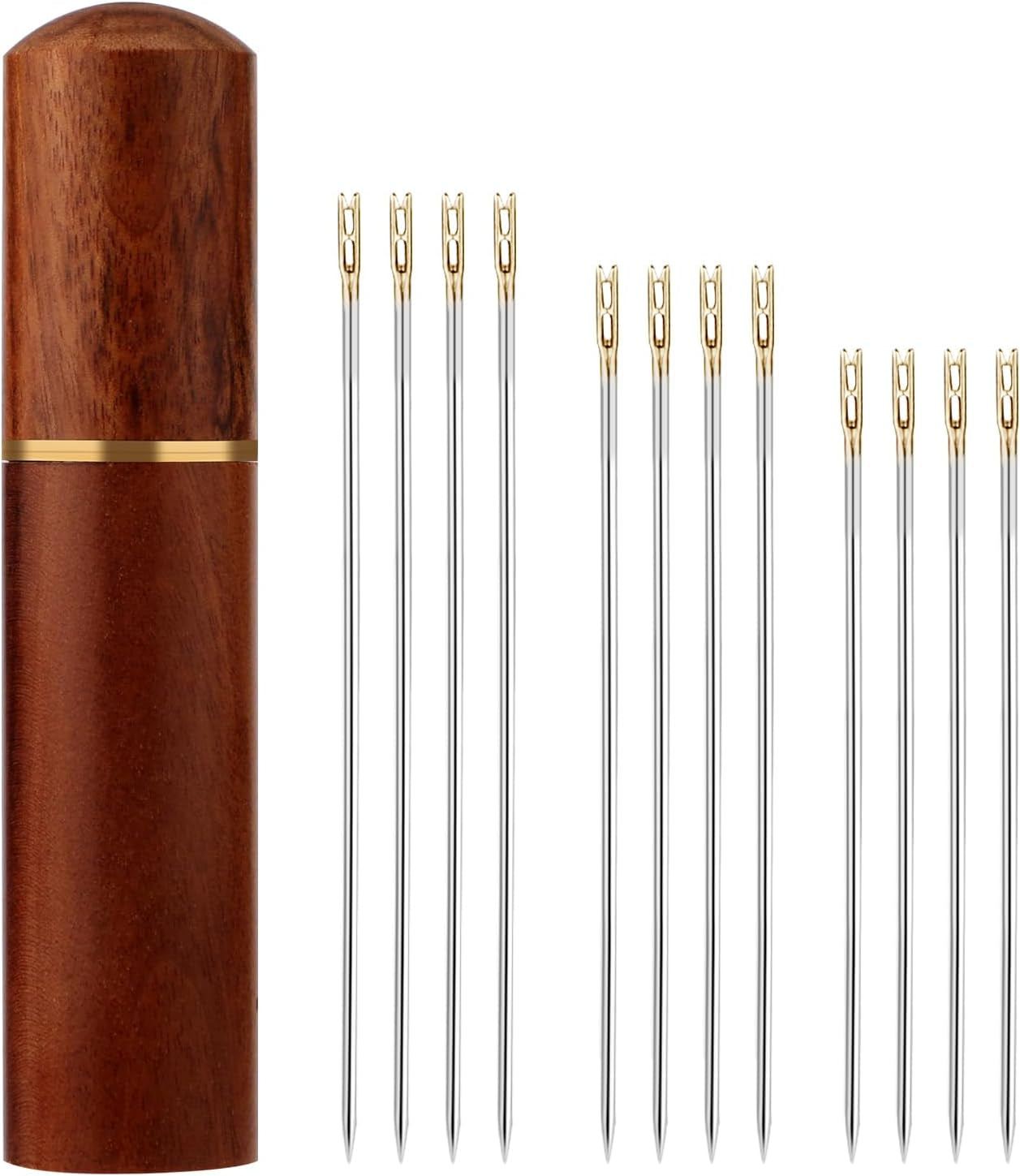 12Pcs Self Threading Needles, 3 Sizes Top Hanging Needles Embroidery Blind Needles Kit with Sandalwood Needle Box Hand Yarn Knitting Stitching Needles for DIY Embroidery Mending Sewing Projects (Gold)
