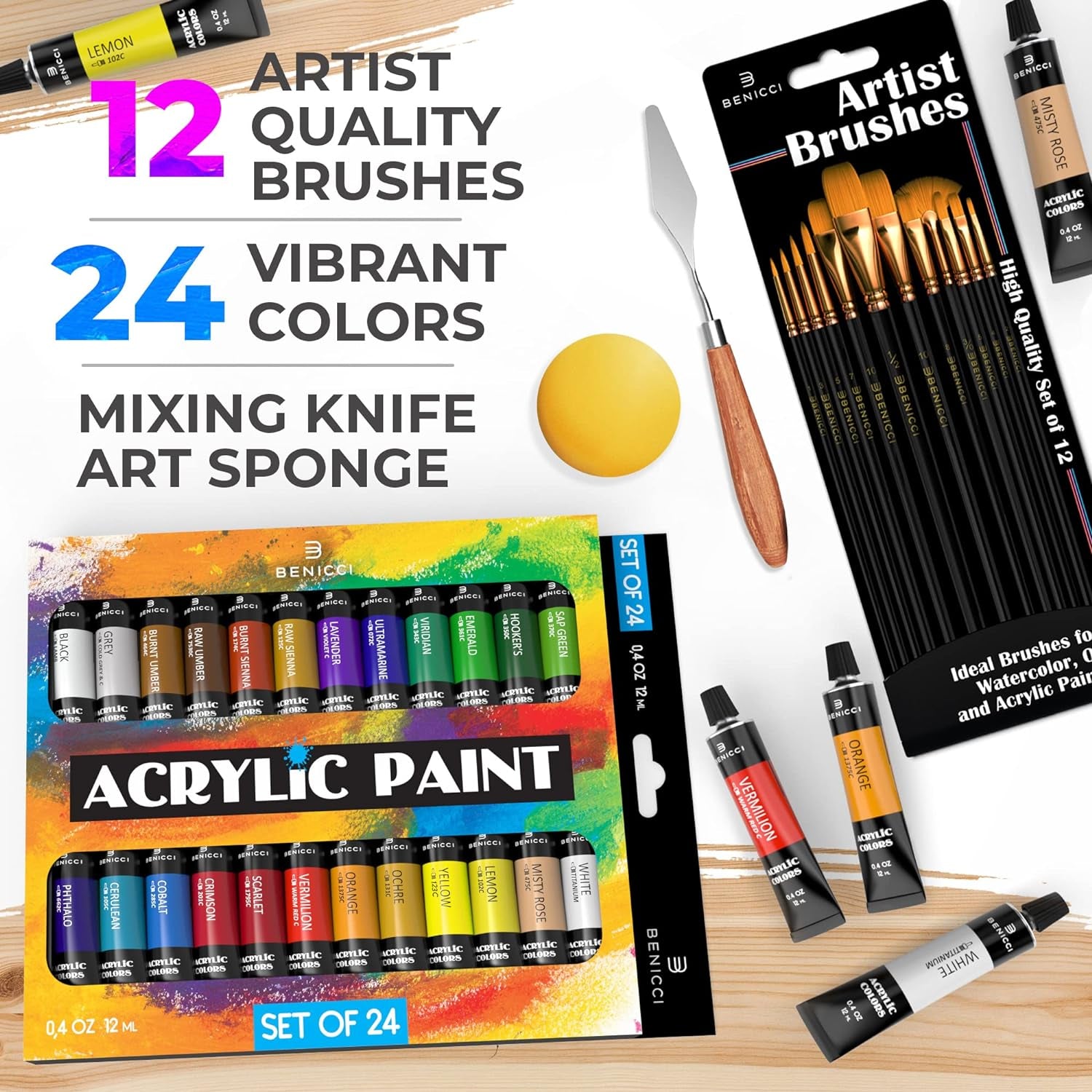 Complete Acrylic Paint Set – 24Х Rich Pigment Colors – 12X Art Brushes with Bonus Paint Art Knife & Sponge – for Painting Canvas, Clay, Ceramic & Crafts, Non-Toxic & Quick Dry – for Kids & Adults