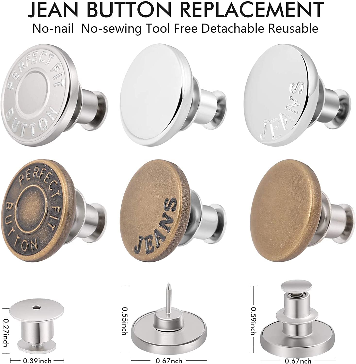 12 Sets Button Pins for Loose Jeans, No Sew and No Tools Instant Replacement Snap Tack Pant Button,  Reusable and Adjustable Metal Pants Button Tightener