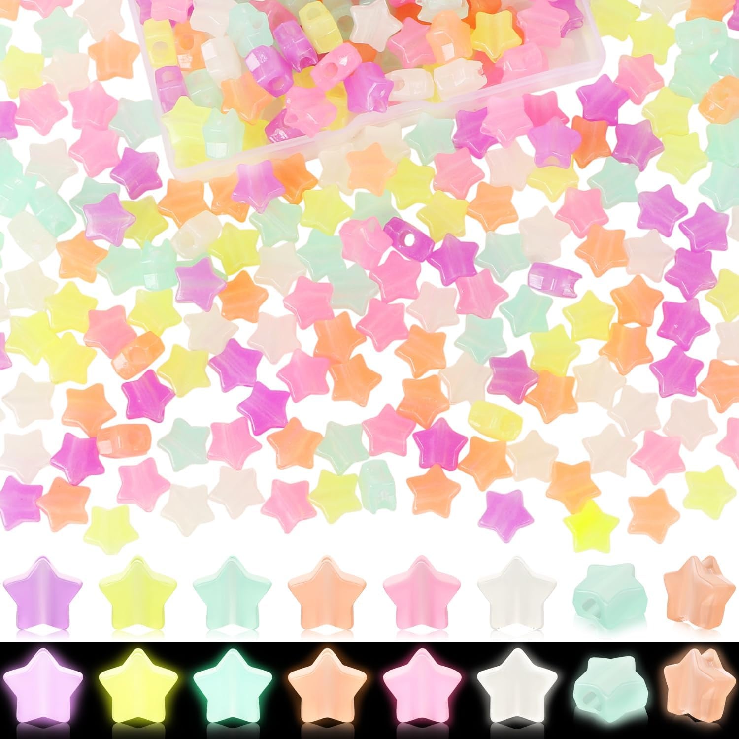 200 Pcs Glow in Dark Star Beads for Jewelry Making, Luminous Star Pony Beads Bulk with Box, 13Mm Star Beads Charms, Glow in Dark Beads for DIY Crafts Bracelet