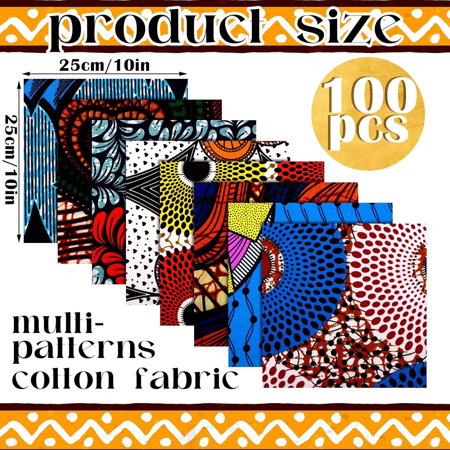 100 Pcs 10 X 10 Inches Cotton Fabric Square No Repeat Patchwork Fabrics Cotton Printed Craft Fabric Patchwork Bundles Quilting Fabric Craft for DIY Sewing Cloths Handmade Accessories (African)