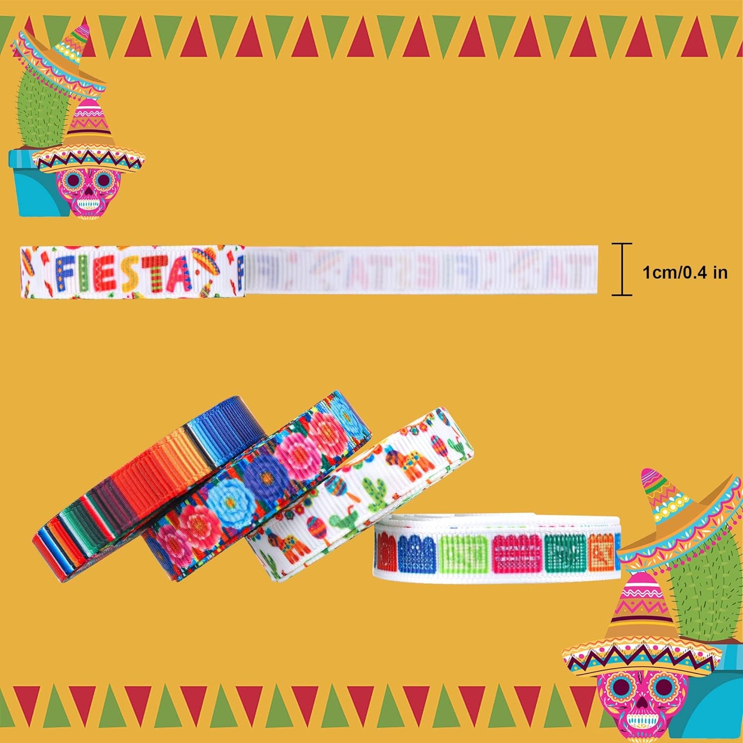 12 Rolls Fiesta Ribbon 3/8 Inch Mexican Serape Grosgrain Ribbons Colorful Stripes Pinata Cactus Guitar Decorative Ribbon for Cinco De Mayo Fiesta Party Mexican Theme Party Events, 60 Yards