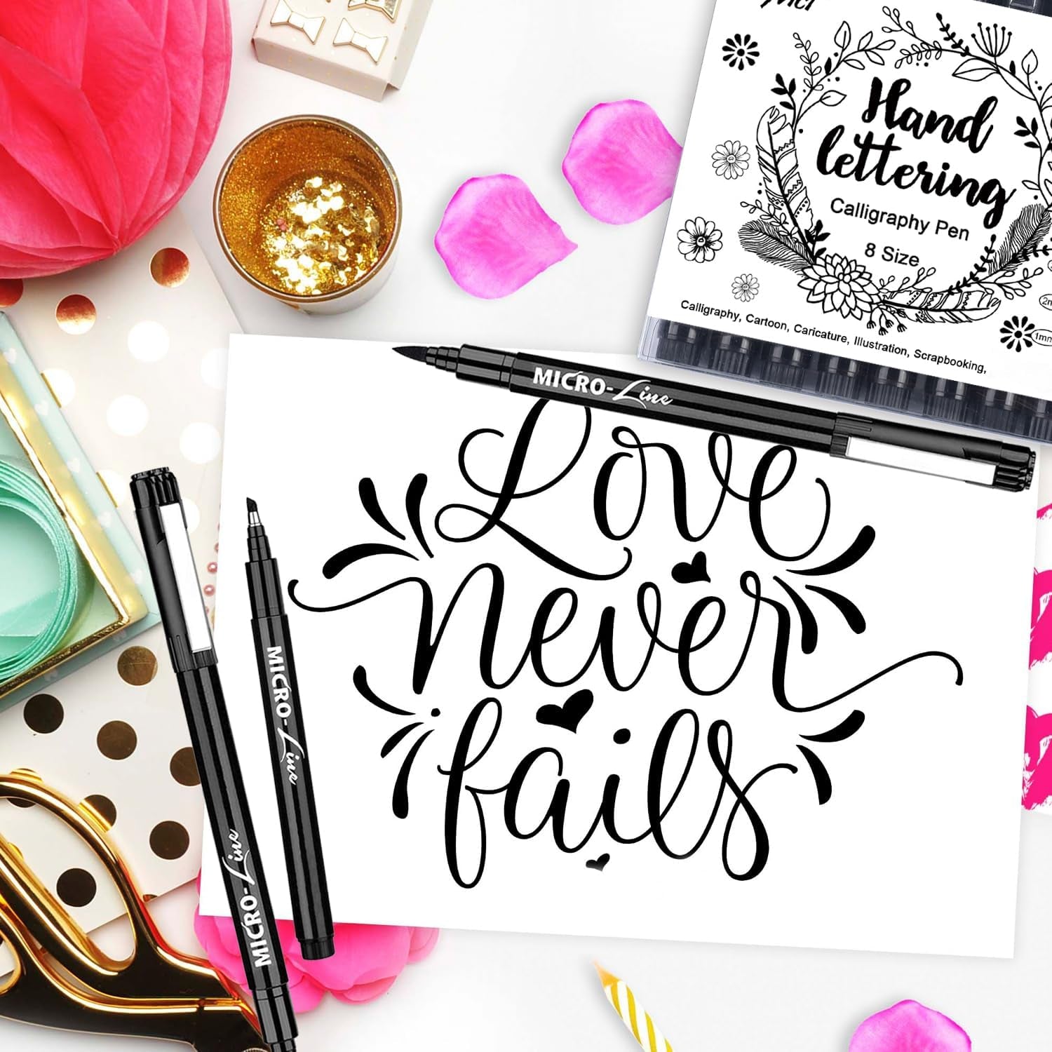 Hand Lettering Pens, Calligraphy Brush Pens Art Markers for Beginners Writing, Sketching, Drawing, Illustration, Scrapbooking, Journaling, Black Ink Pen Set, 8 Sizes