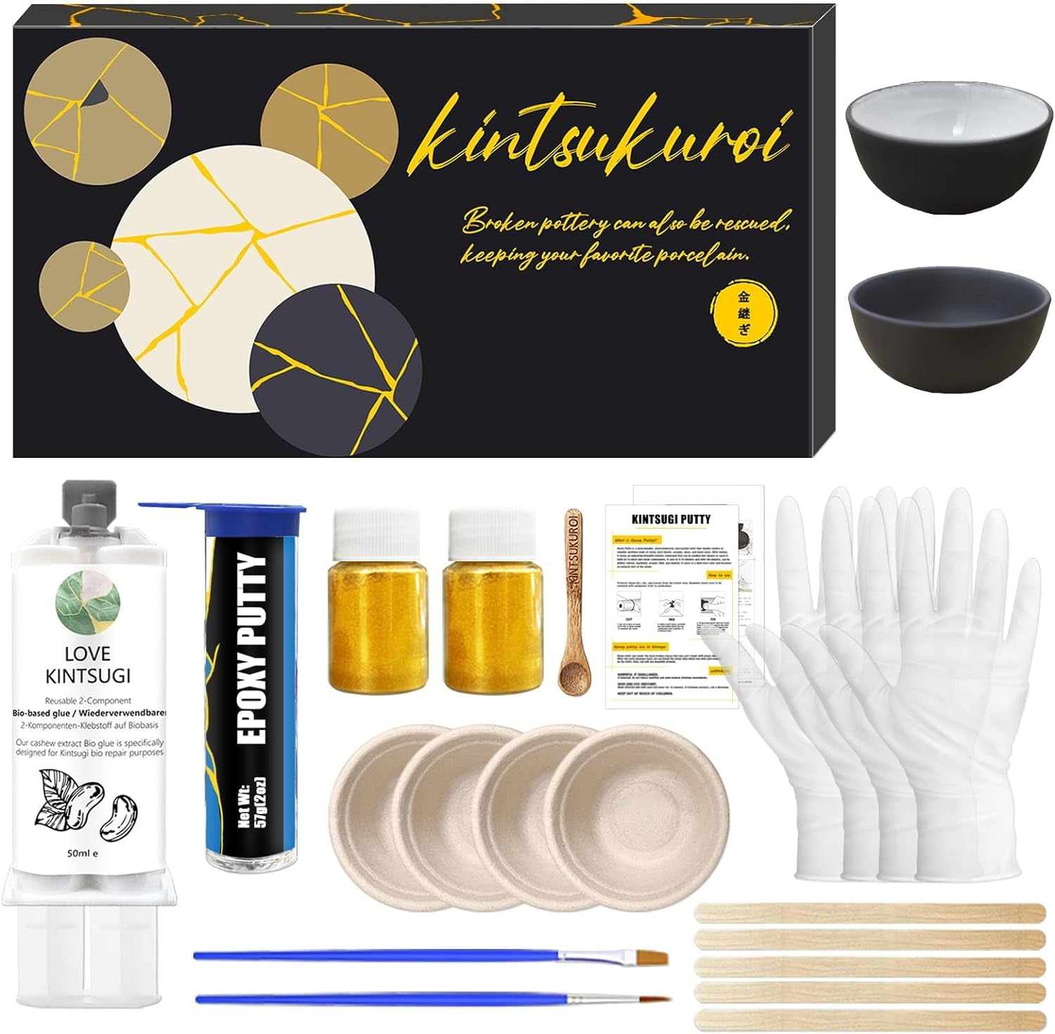 Kintsugi Repair Kit Food Safety, Japanese Gold Repair Kit, Bio Gold Glue for Ceramics and Porcelain Repair, Ceramic Repair Kit with Two Practice Cup Perfect for Beginners, Dishwasher Safety