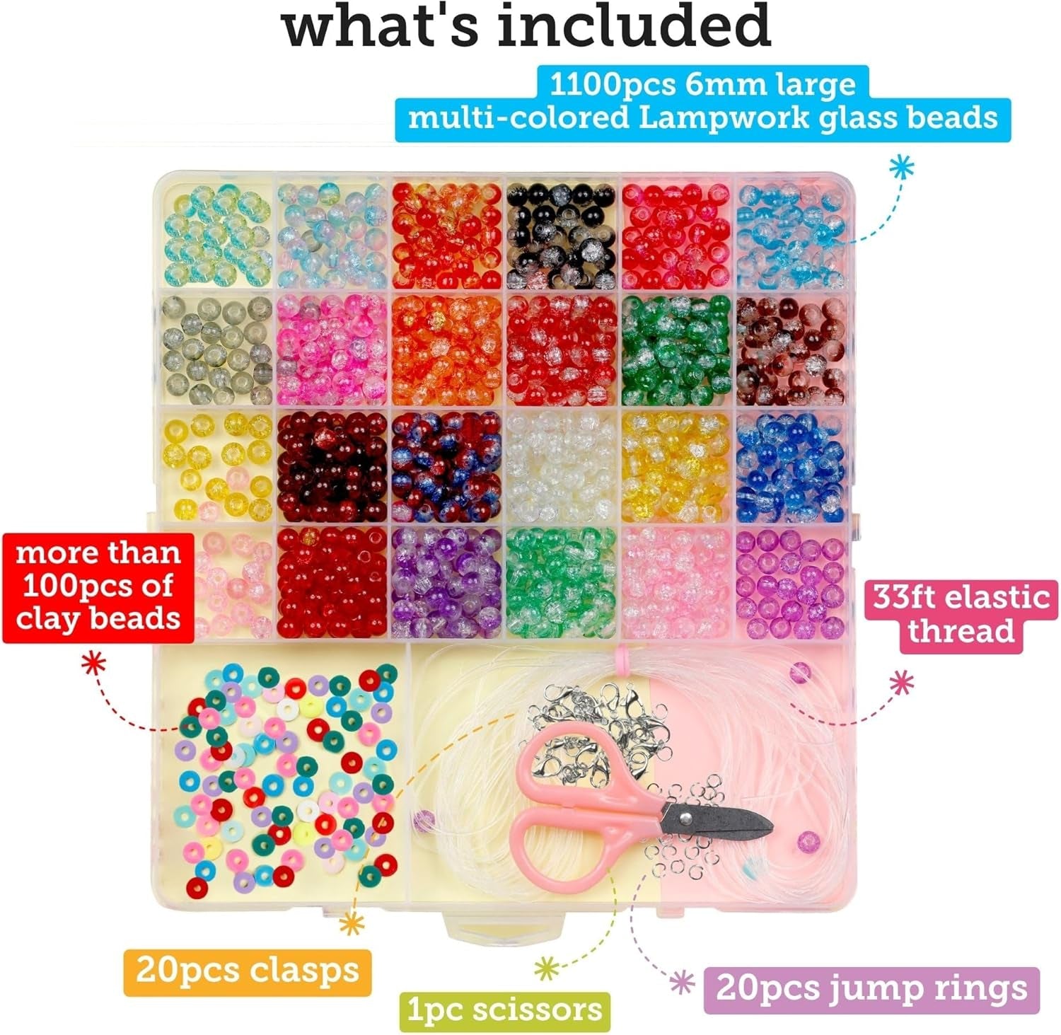 Crackle Glass Beads 1100Pcs 24 Colors. Crystal Glass Beads for Jewelry Making Bulk Kit (6Mm). Lampwork Glass Beads for Bracelets Making for Kids & Adults with Elastic String & Organizer.