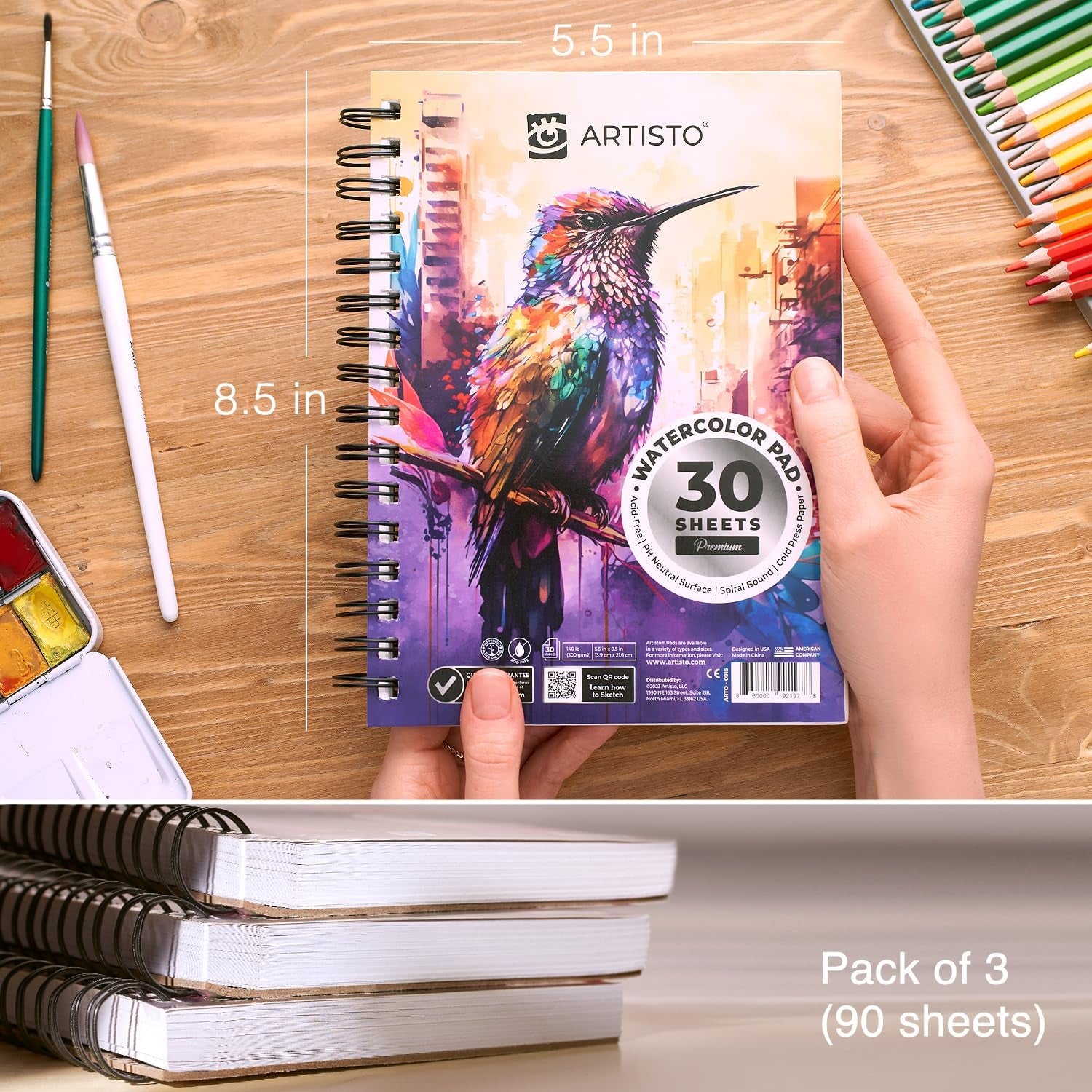 Watercolor Pads 5.5X8.5”, Pack of 3 (90 Sheets), Spiral Bound, Acid-Free Paper, 140Lb (300Gsm), Perfect for Most Wet & Dry Media, Ideal for Beginners, Artists & Professionals