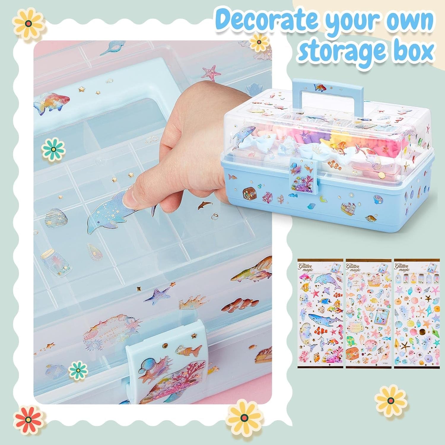 Hair Accessories Organizer 13 Inch Hair Accessories Storage Box with Fold Tray and Handle 3 Layers Plastic Tool Box Hair Accessories Organizer Box for Art Sewing Nail with Stickers (Blue)