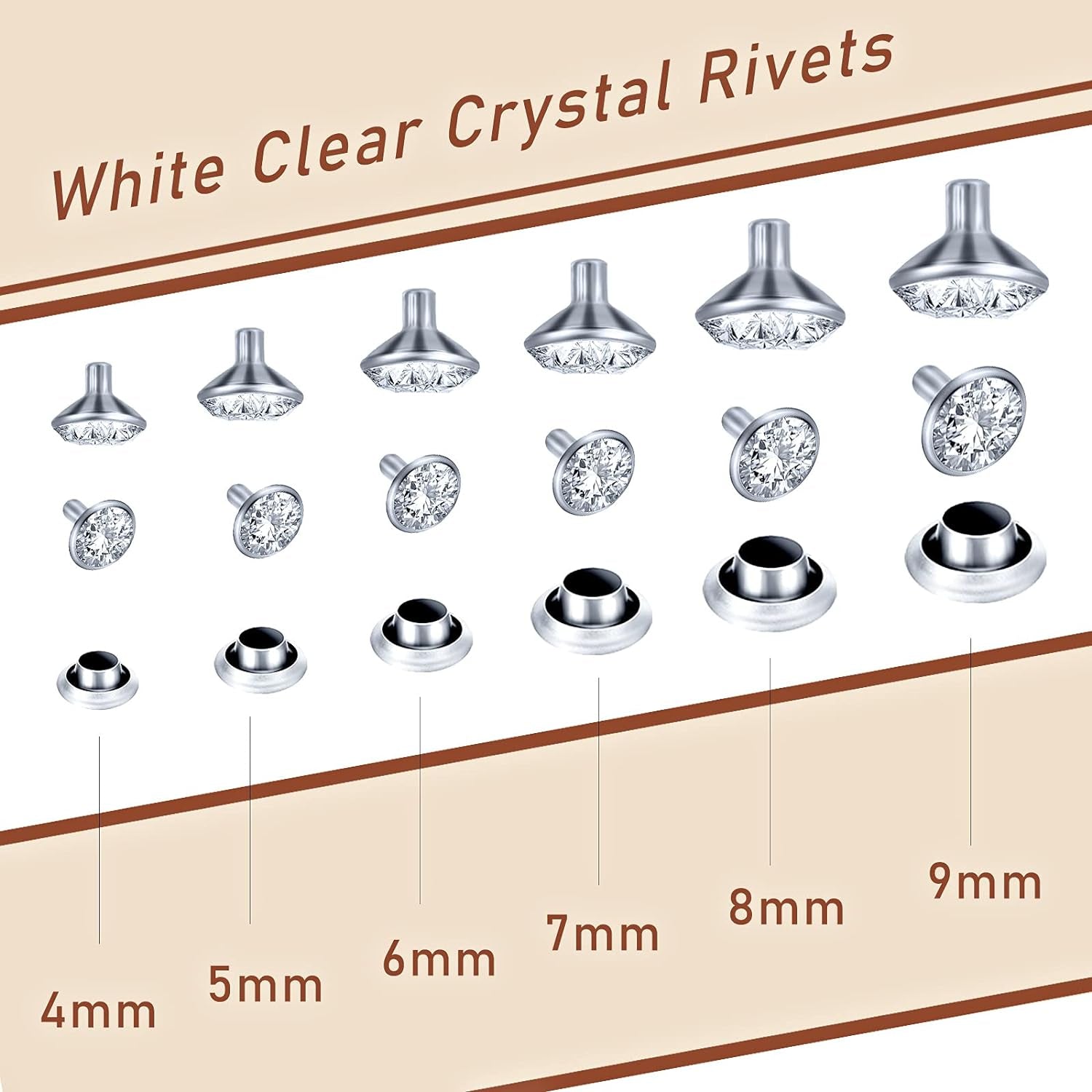 600 Sets 6 Sizes White Clear Rhinestone Rivets Crystal Rivets Rapid Rhinestone Stud Silver Color Rivets Fit Punk Rock DIY for Clothing, Wedding, Performance, Arts and Crafts Decoration