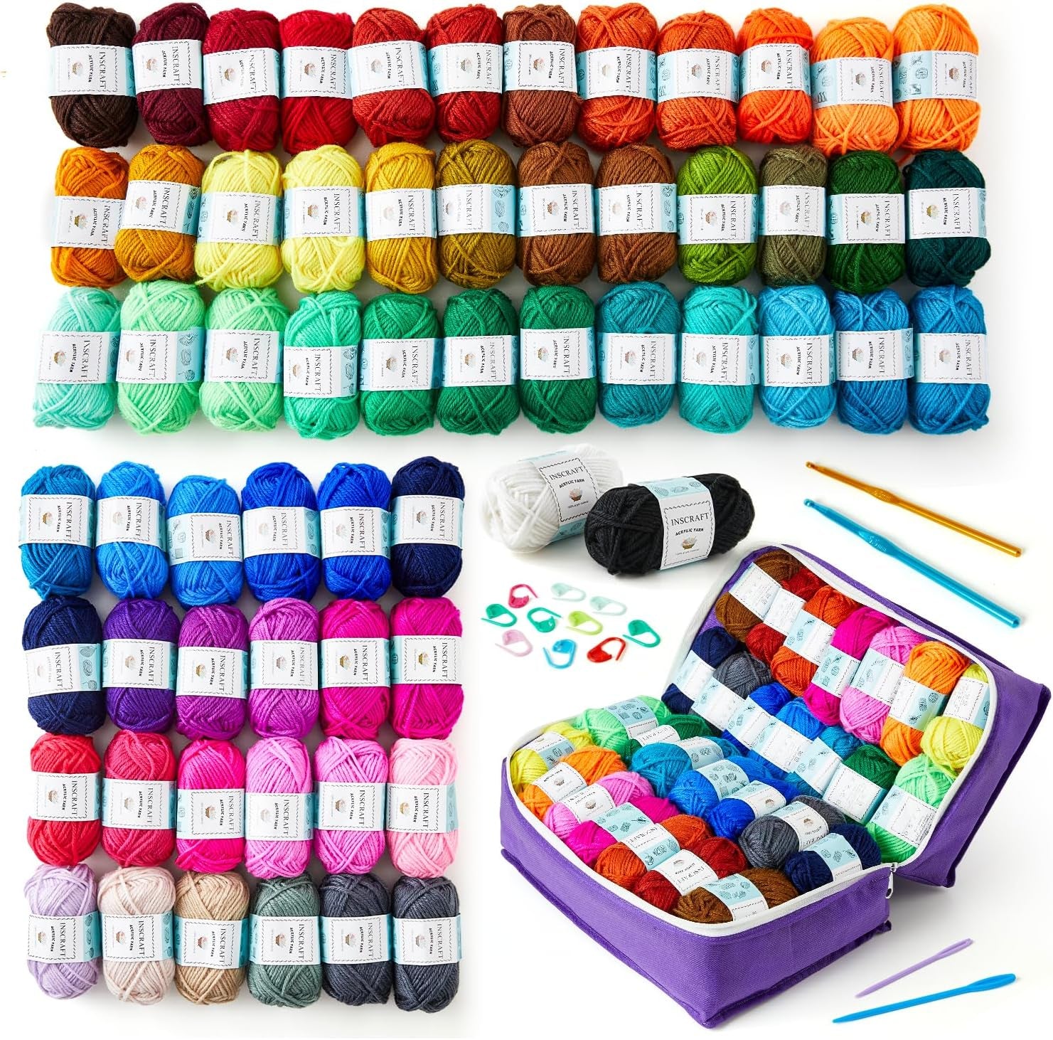62 Acrylic Yarn Skeins, 2170 Yards Yarn for Knitting and Crochet, Includes 2 Crochet Hooks,2 Weaving Needles,10 Stitch Markers, Perfect Beginner Kit for for Adults Kids