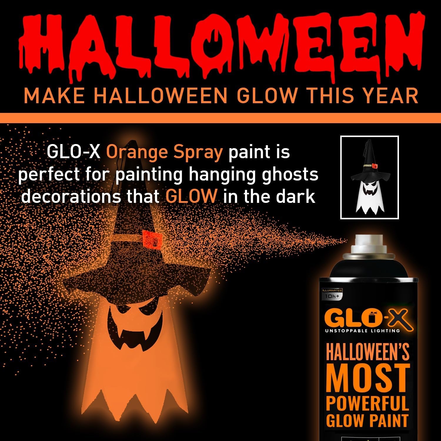 Orange Halloween Glow in the Dark Spray Paint - Make Indoor and Outdoor Halloween Decorations Glow Neon Fluorescent in the Dark - Metal Plastic Fabric