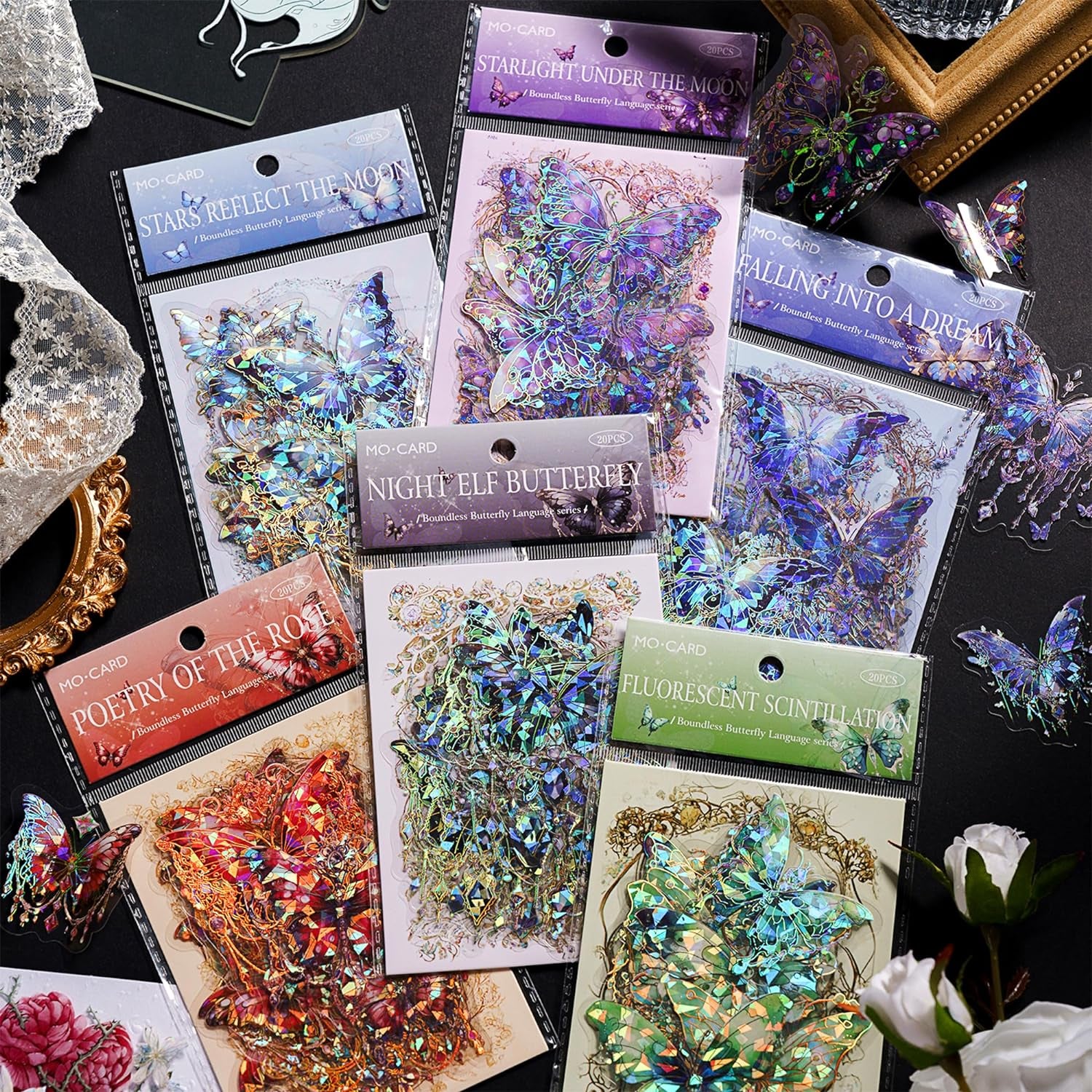 Butterfly Stickers Set (120 Pieces with 6 Themes)-Gorgeous Crystals Holographic Transparent Resin Waterproof Sticker Decals for Scrapbook Supplies Junk Bullet Journals Laptop Crafts Decor