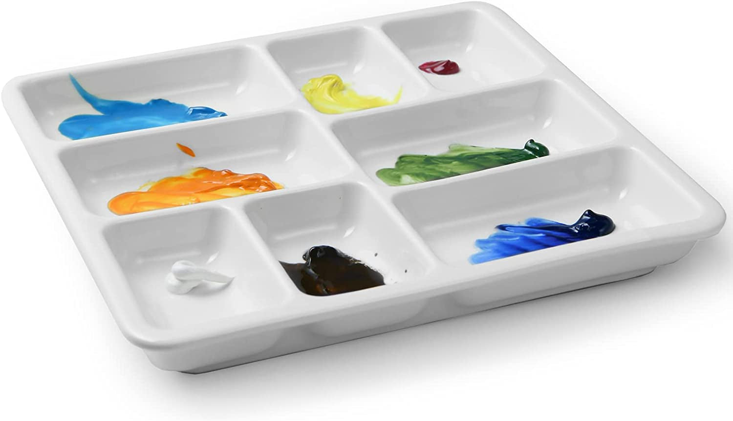 8-Well Ceramic Artist Paint Palette, Square Porcelain Watercolor Palette, White Ceramic Mixing Tray for Gouache Painting, Oil Painting, Acrylic Painting &amp; Tempera Painting, 7"× 7"× 0.9"
