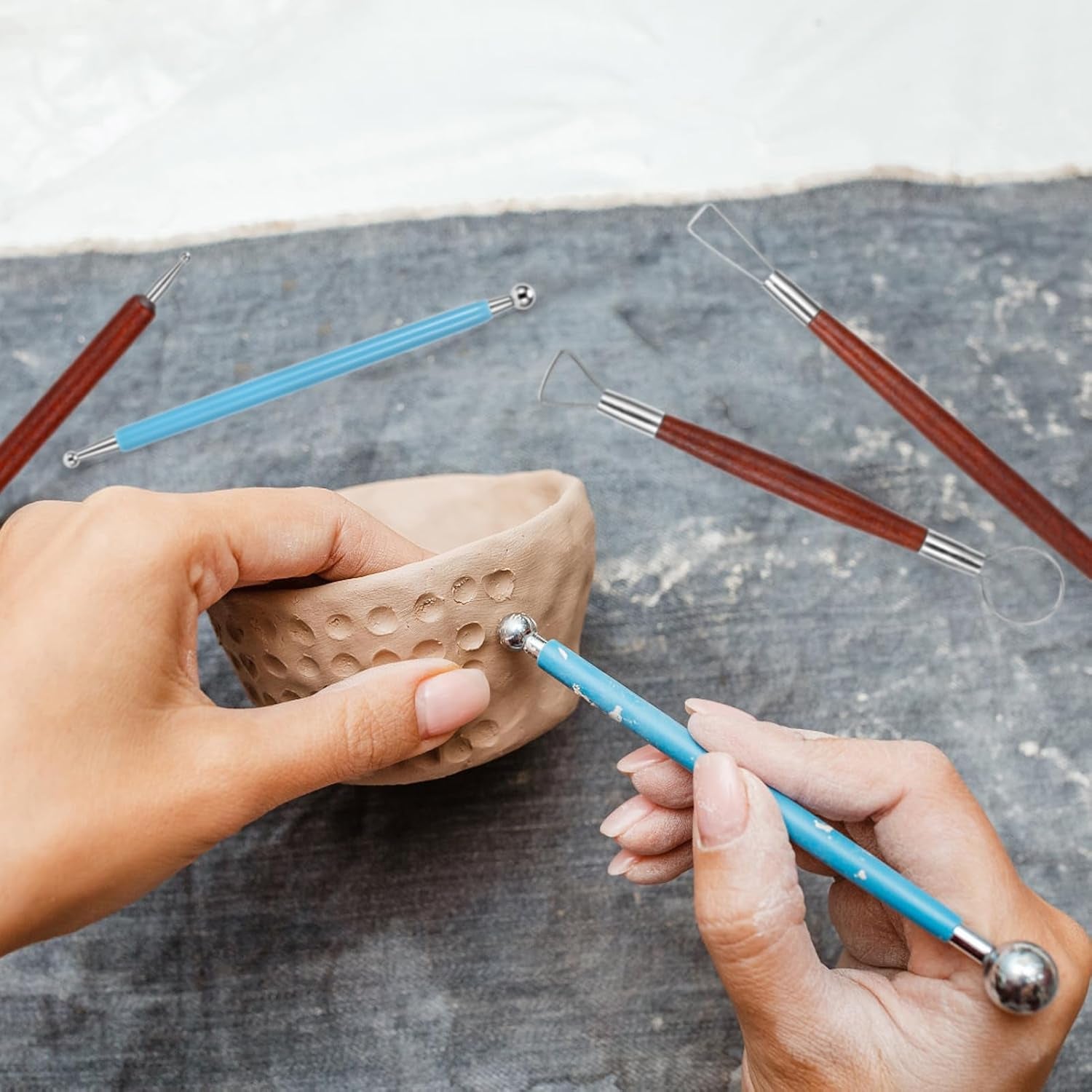 Clay Tools 21 PCS, Pottery Tool Kit Dotting Tools Polymer Clay Tools, Ceramics Tools with Wooden Handle Pottery Tool Bag