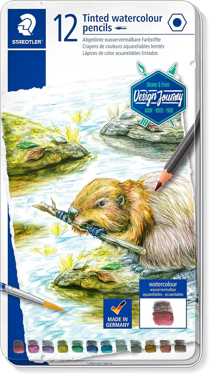 Water-Soluble Tinted Graphite Pencils, Watercolor Artist Set, Pre-Sharpened, 12 Colors in Metal Tin, 14610T M12