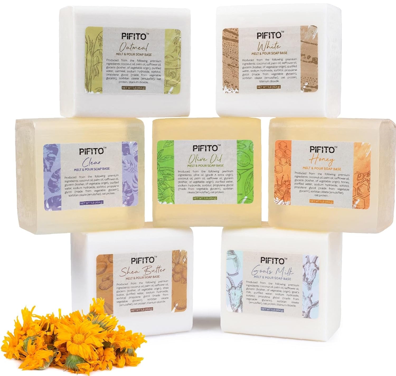 Melt and Pour Soap Base Sampler (7 Lbs) │ Assortment of 7 Bases (1Lb Ea) │ Clear, White, Goats Milk, Shea Butter, Oatmeal, Honey, Olive Oil │ Glycerin Soap Making Supplies
